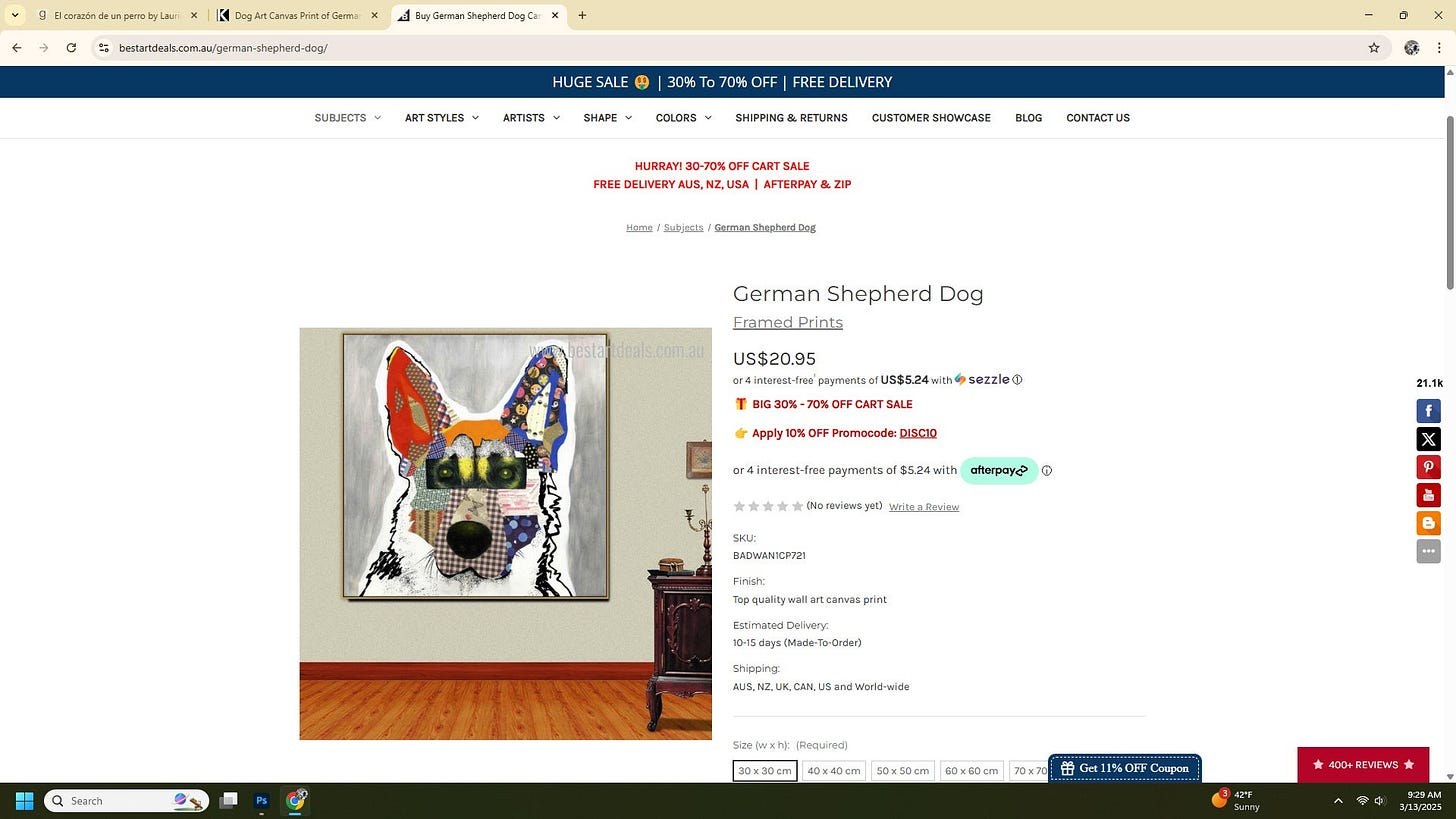 Screenshot of an online listing showing a mixed-media collage artwork of a German Shepherd dog with colorful patterned patches and bold black outlines, displayed above a wooden floor and dark wood side table, on Michel Keck's art website.