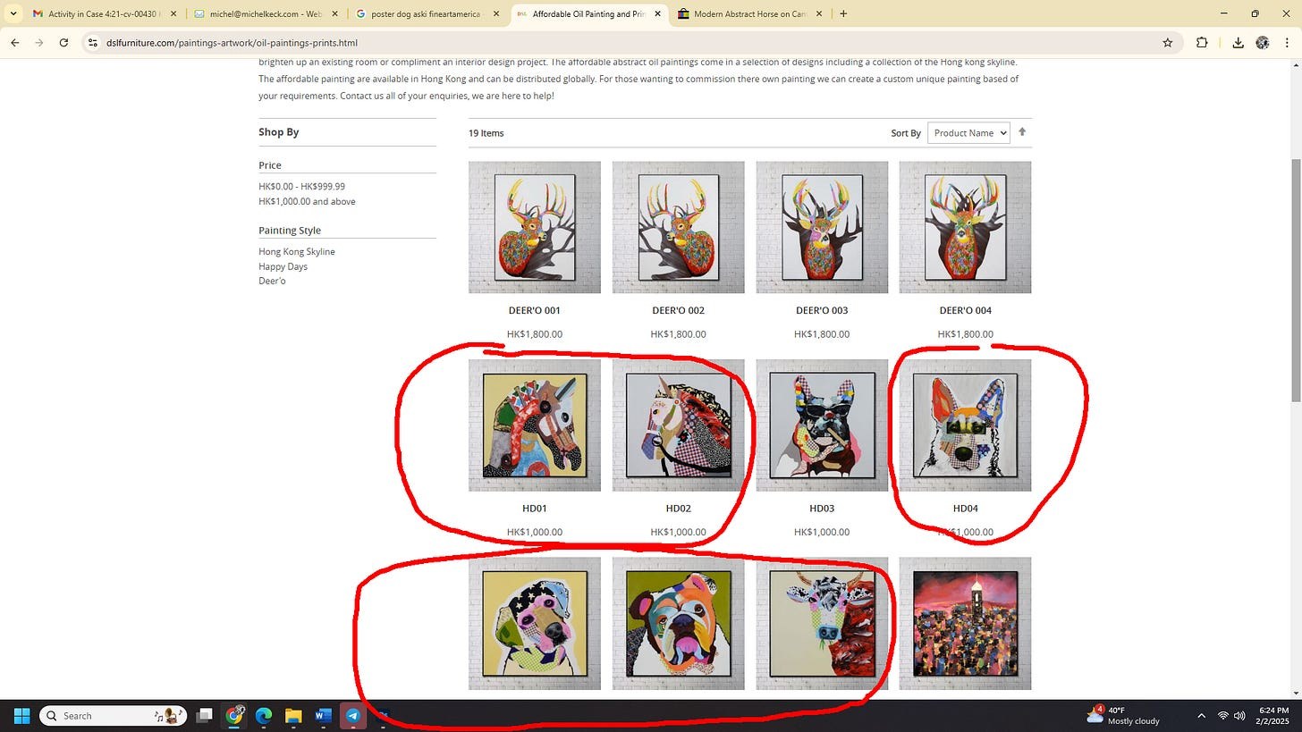 Screenshot of an online listing showing colorful mixed-media collage artworks by Michel Keck featuring stylized animal portraits including horses, dogs, and a giraffe, each with vibrant patterns and textures on a neutral background.