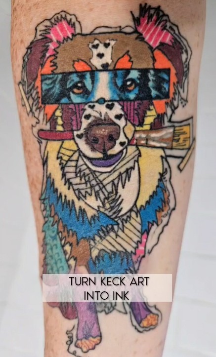 Dog tattoo inspired by Michel Keck artwork.
