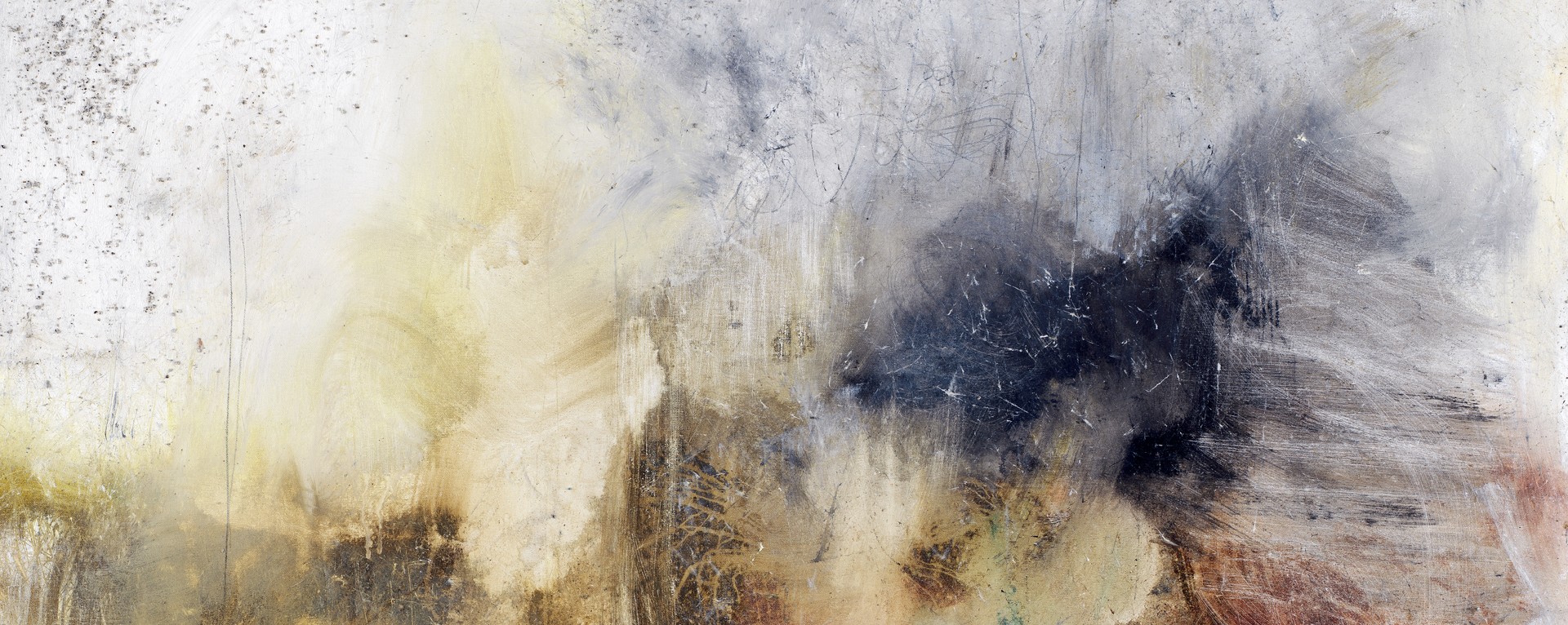 Textured abstract painting in ivory, charcoal, gray, and ochre by Michel Keck