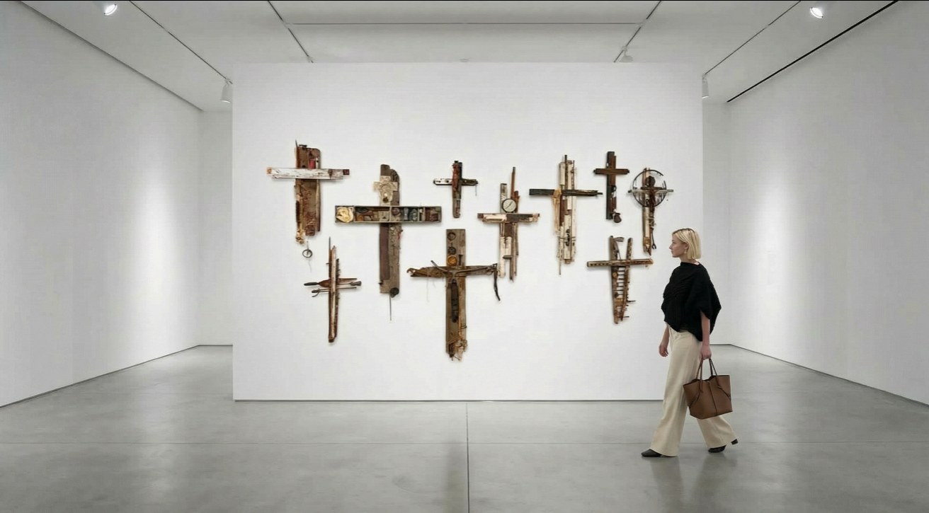 Woman standing before Michel Keck found-object cross assemblages
