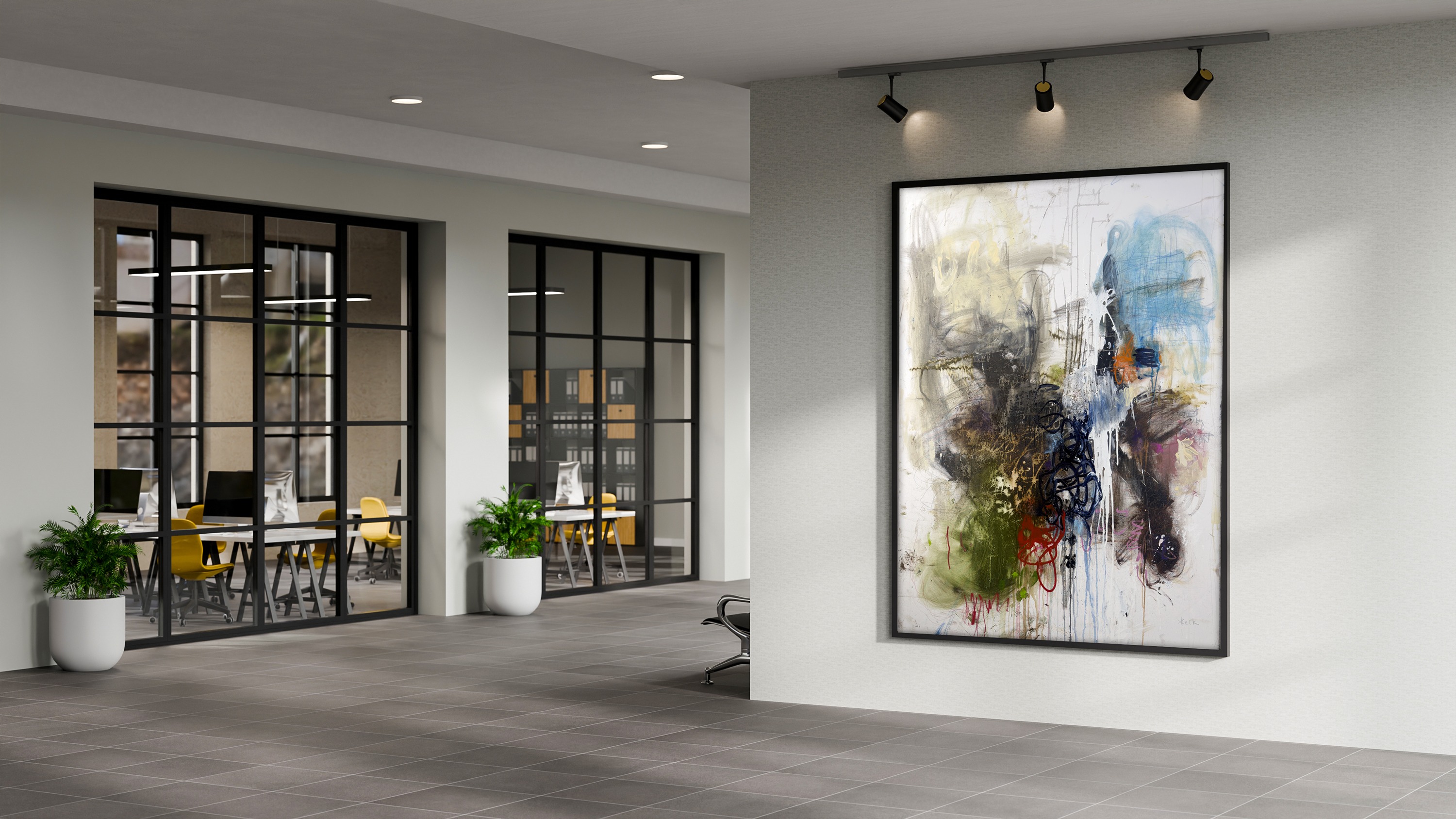 Michel Keck abstract artwork installed in a contemporary office corridor