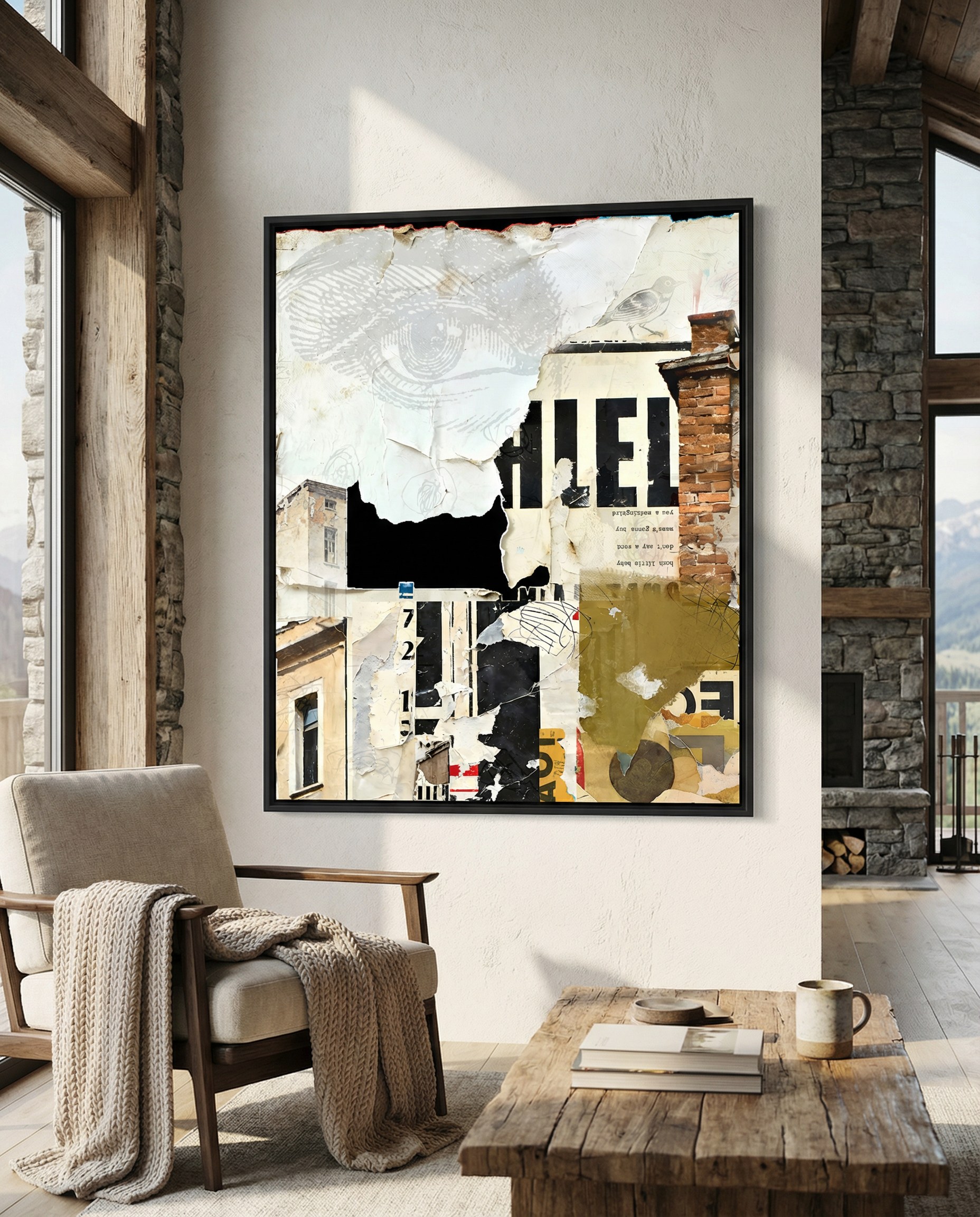 MOCKINGBIRD (canvas in floater frame) by Michel Keck installed in a real interior