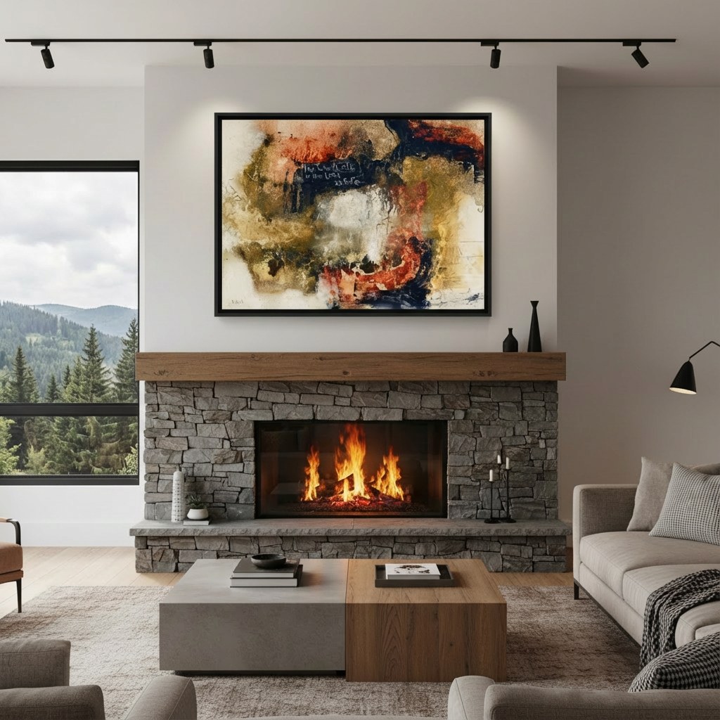 Proverbs 29:25 (in floater frame) by Michel Keck installed in a real interior