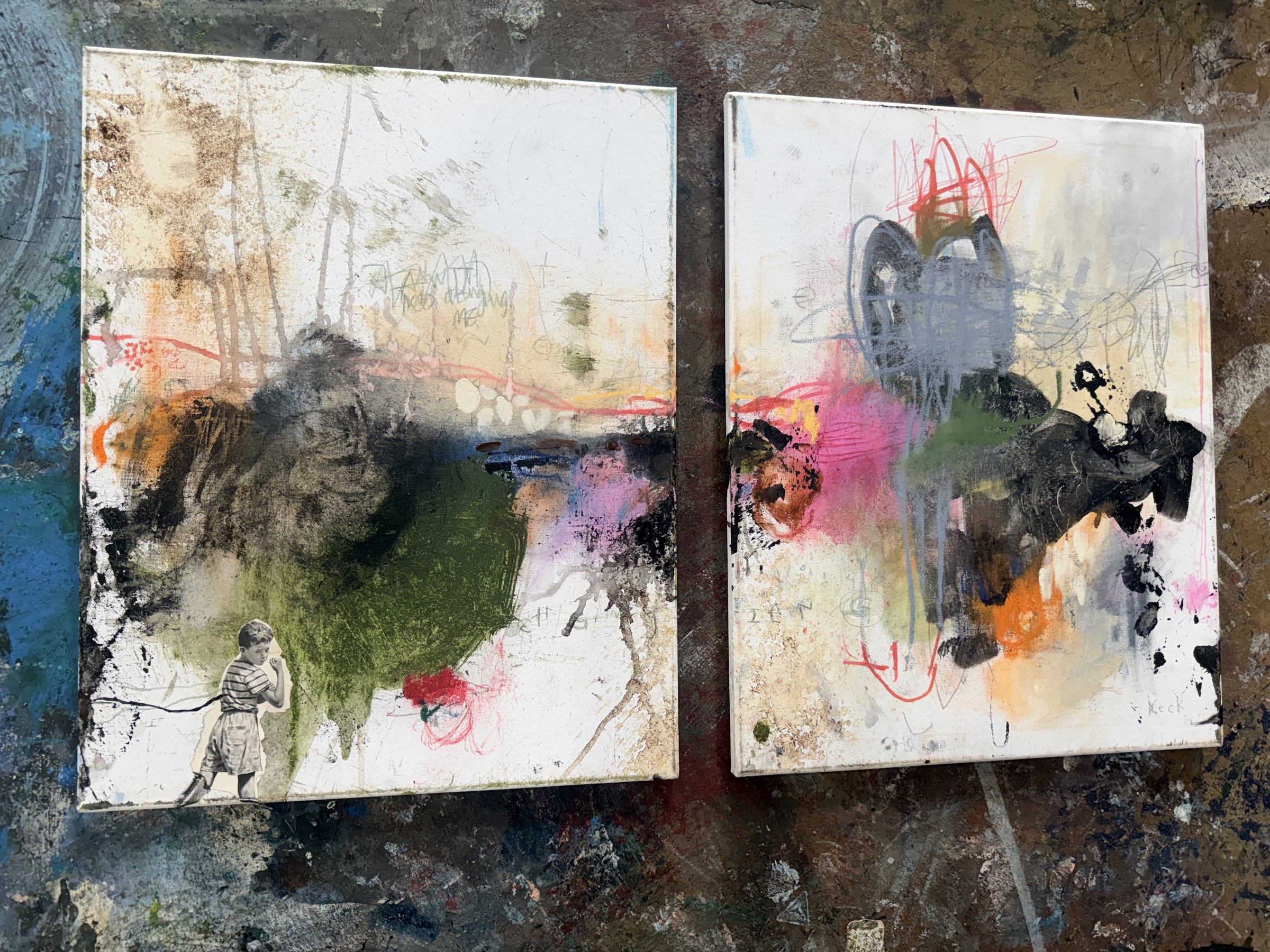 Two new Michel Keck mixed-media paintings on the studio floor