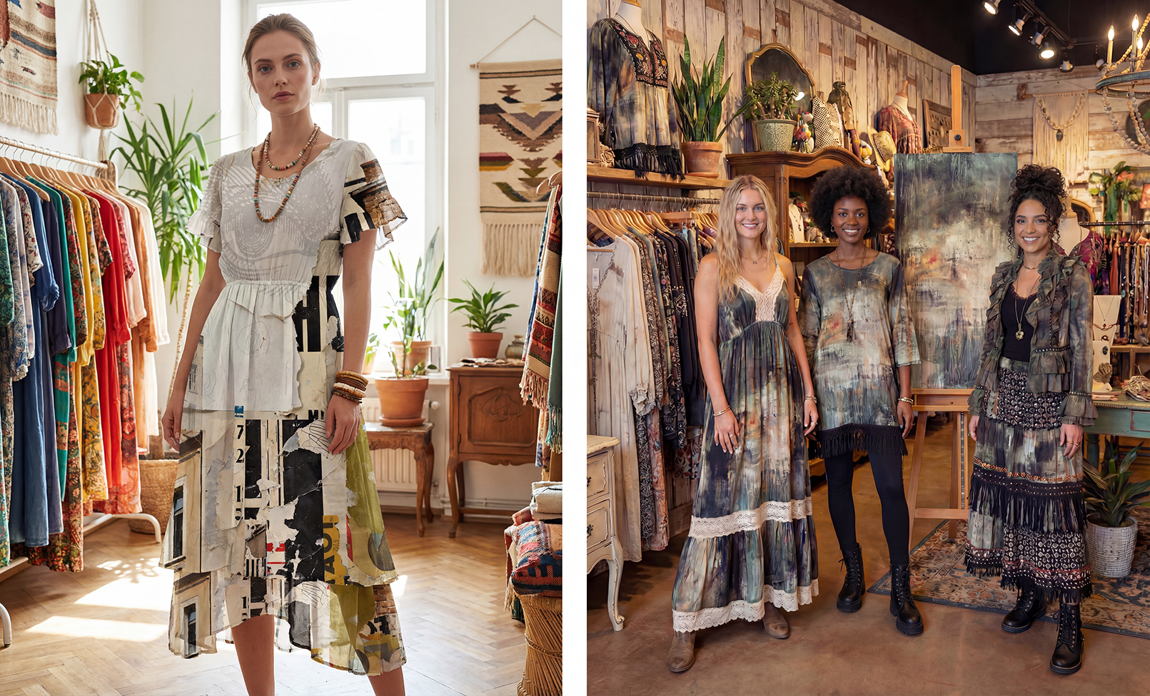 Fashion collaboration examples with contemporary artist Michel Keck, showing models in apparel patterned with earthy abstract artwork in a bright interior and a clothing boutique.