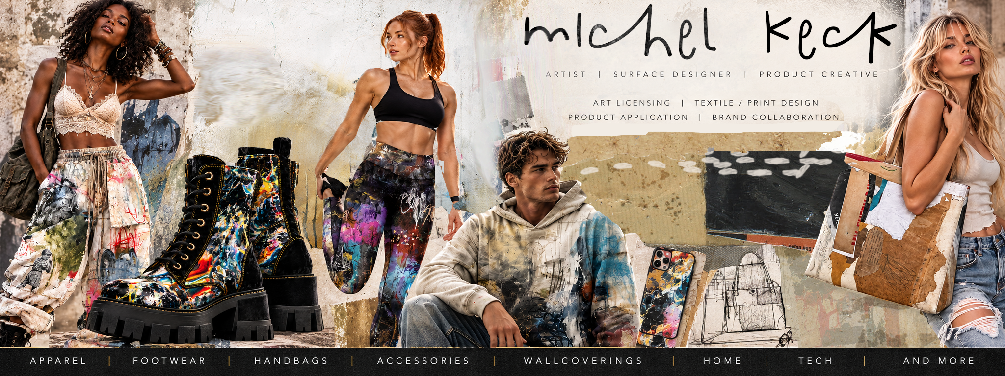Surface design and product collaborations with contemporary artist Michel Keck, illustrated by models wearing colorful abstract-patterned apparel, boots, and bags against a textured neutral background.
