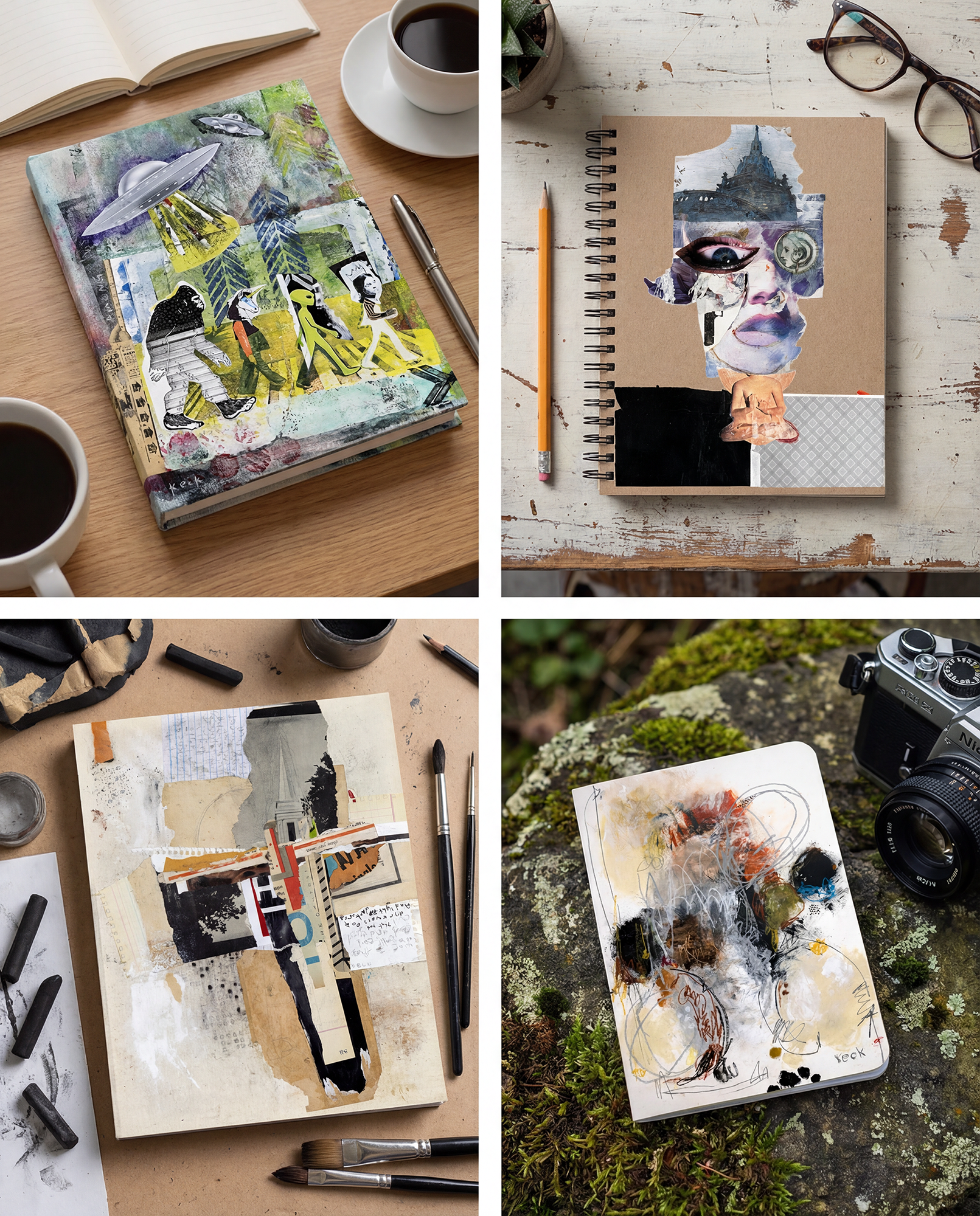 Contemporary art licensing for stationery, illustrated by four notebooks featuring Michel Keck abstract compositions, collage portraits, expressive marks, and colorful figurative artwork.