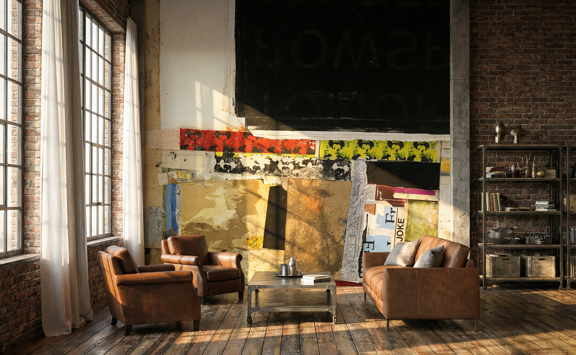 Sunlit industrial-style living room with large windows, exposed brick walls, and wooden floors. A large abstract wall mural by Michel Keck features bold blocks of black, red, yellow, and textured beige behind brown leather seating and a rustic coffee table.
