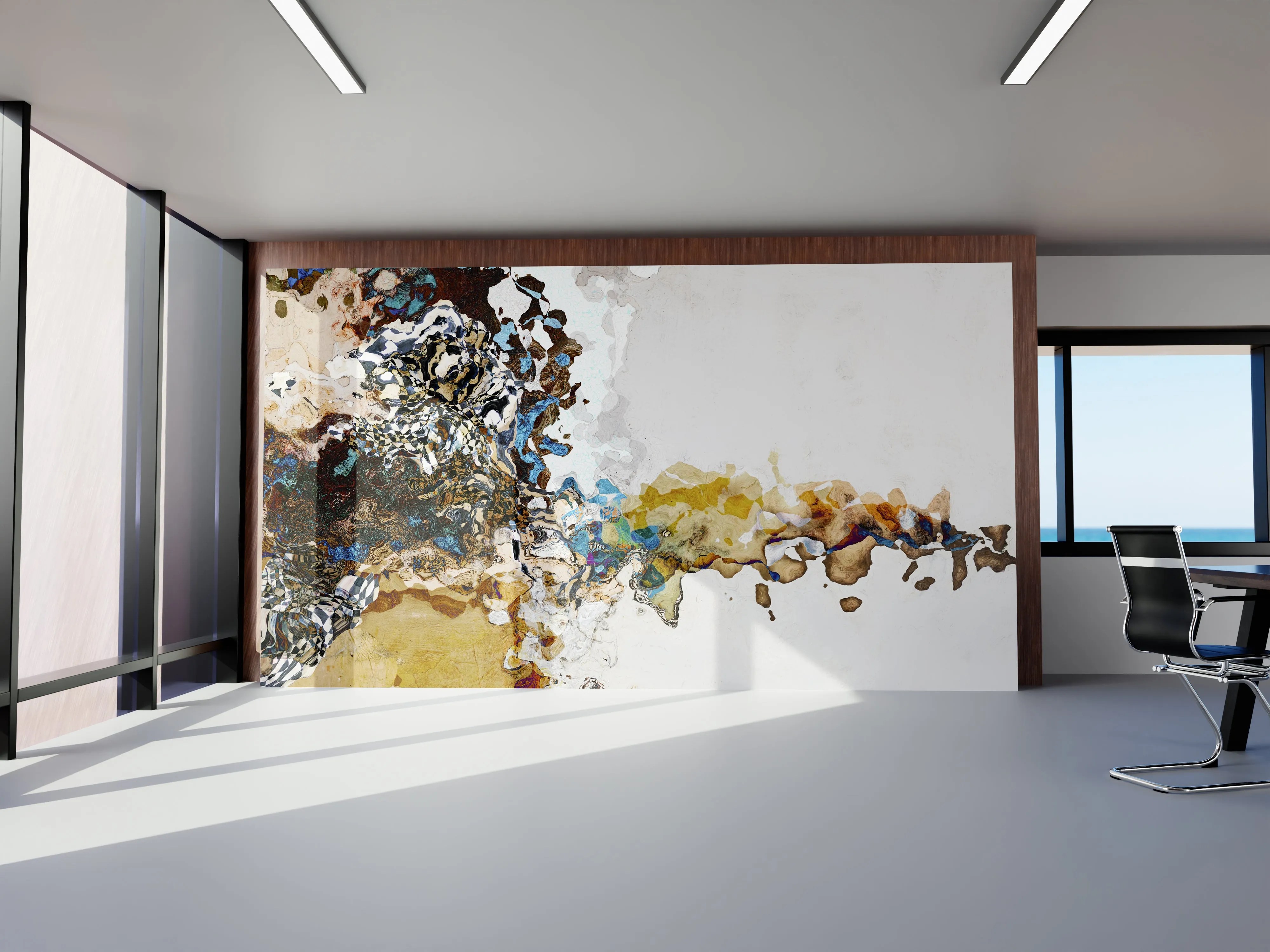 Large modern abstract mural by Michel Keck featuring swirling organic shapes in earthy browns, golds, blues, and whites, set against a mostly white background in a bright, minimalist room with large windows and sleek office chairs.