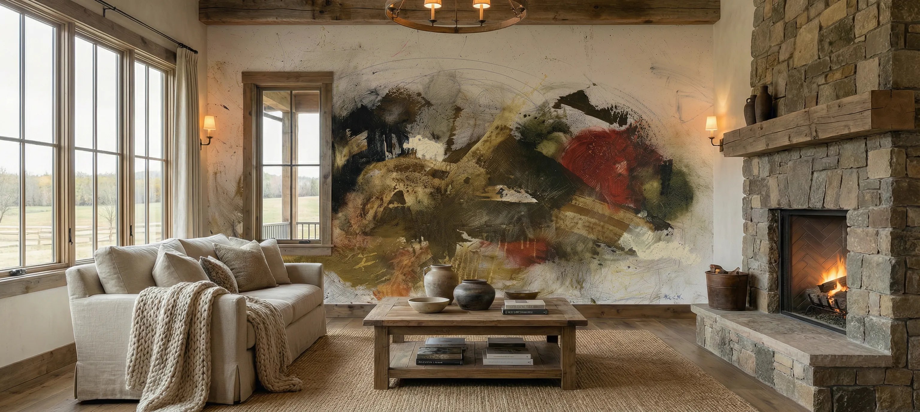 Michel Keck abstract wall mural with sweeping brushstrokes in black, brown, red, and green tones, displayed above a rustic wooden coffee table in a cozy living room featuring a stone fireplace, beige sofa, and large windows.
