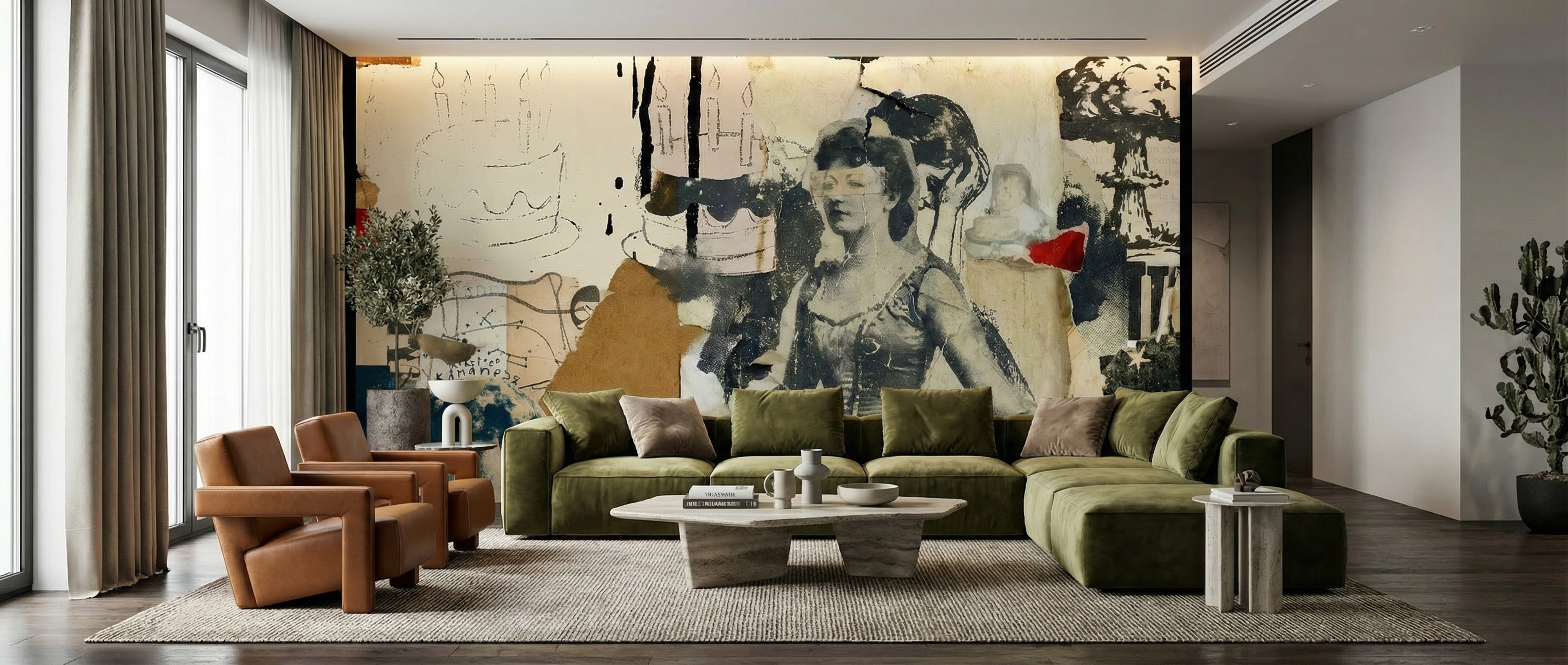 Spacious modern living room with large removable wall mural by Michel Keck featuring layered sepia-toned vintage female portrait, abstract black and ochre shapes, and subtle red accent. Olive green sectional sofa and leather armchairs face a low coffee table on a textured rug.