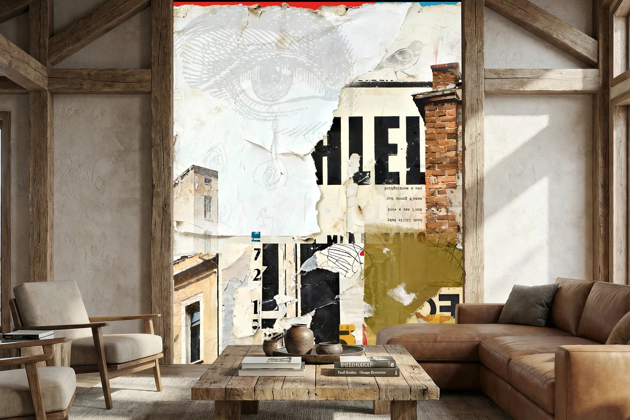 Michel Keck wall mural featuring layered torn paper textures with a large eye sketch, fragmented black text, architectural elements, and muted earth tones in a living room with wooden beams, neutral furniture, and natural light.