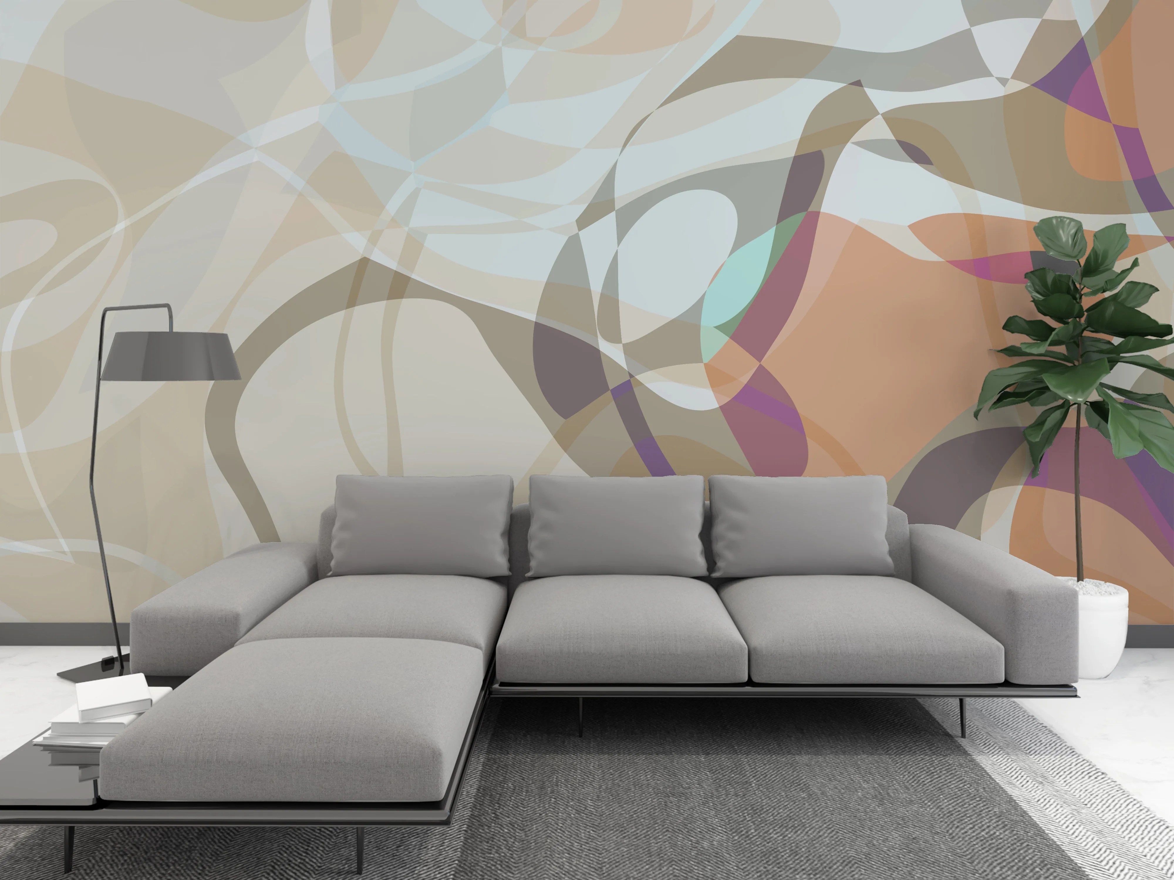 Modern living room with a large gray sectional sofa and black floor lamp in front of a repositionable abstract wall mural by Michel Keck featuring overlapping curved shapes in beige, taupe, purple, and muted teal tones.