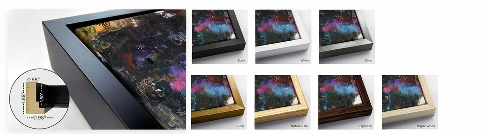 Floater frame finish options in black, white, silver, gold, natural oak, espresso, and maple wood.