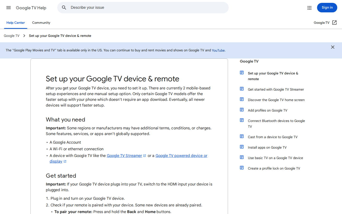 Google TV Help page for setting up a device and remote