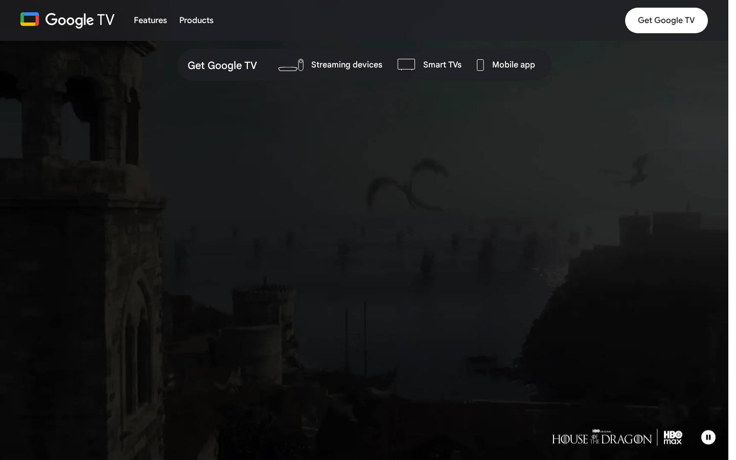 Google TV website showing streaming device and smart TV options