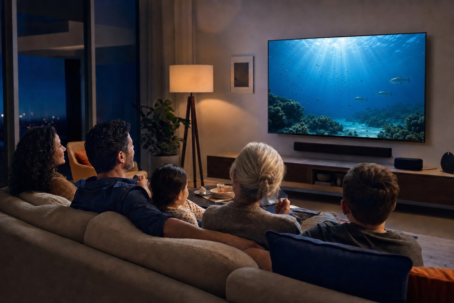 Family enjoying television together at home