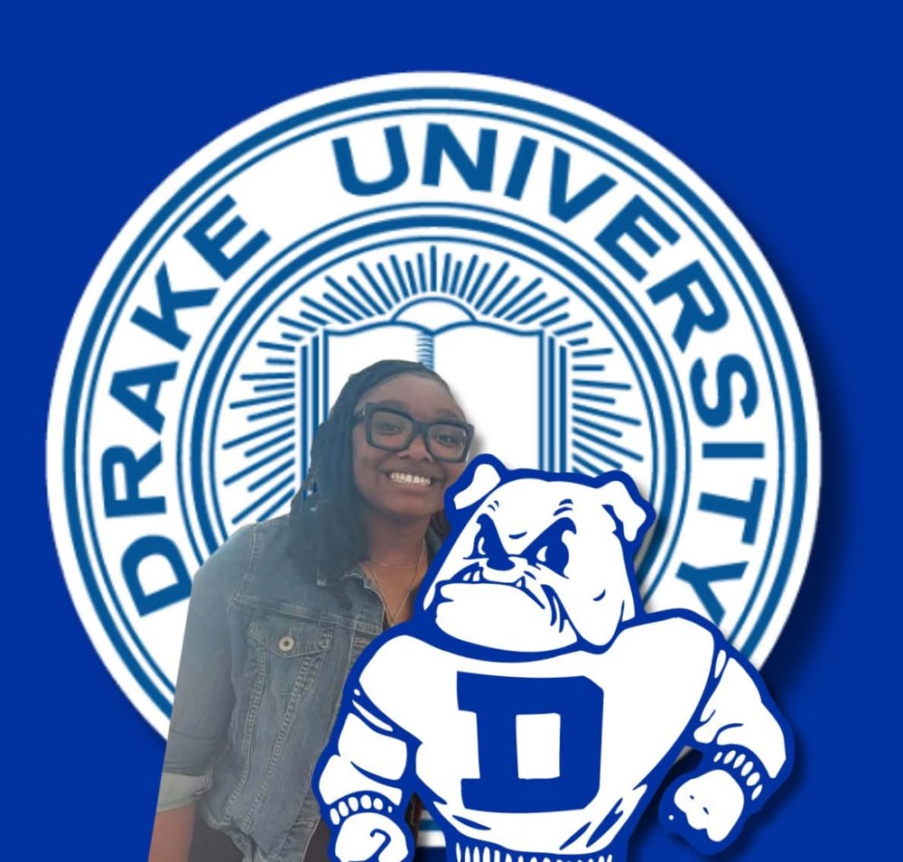 Melayna, JWRCA Class of 2027 senior, pictured with the Drake University seal and bulldog mascot