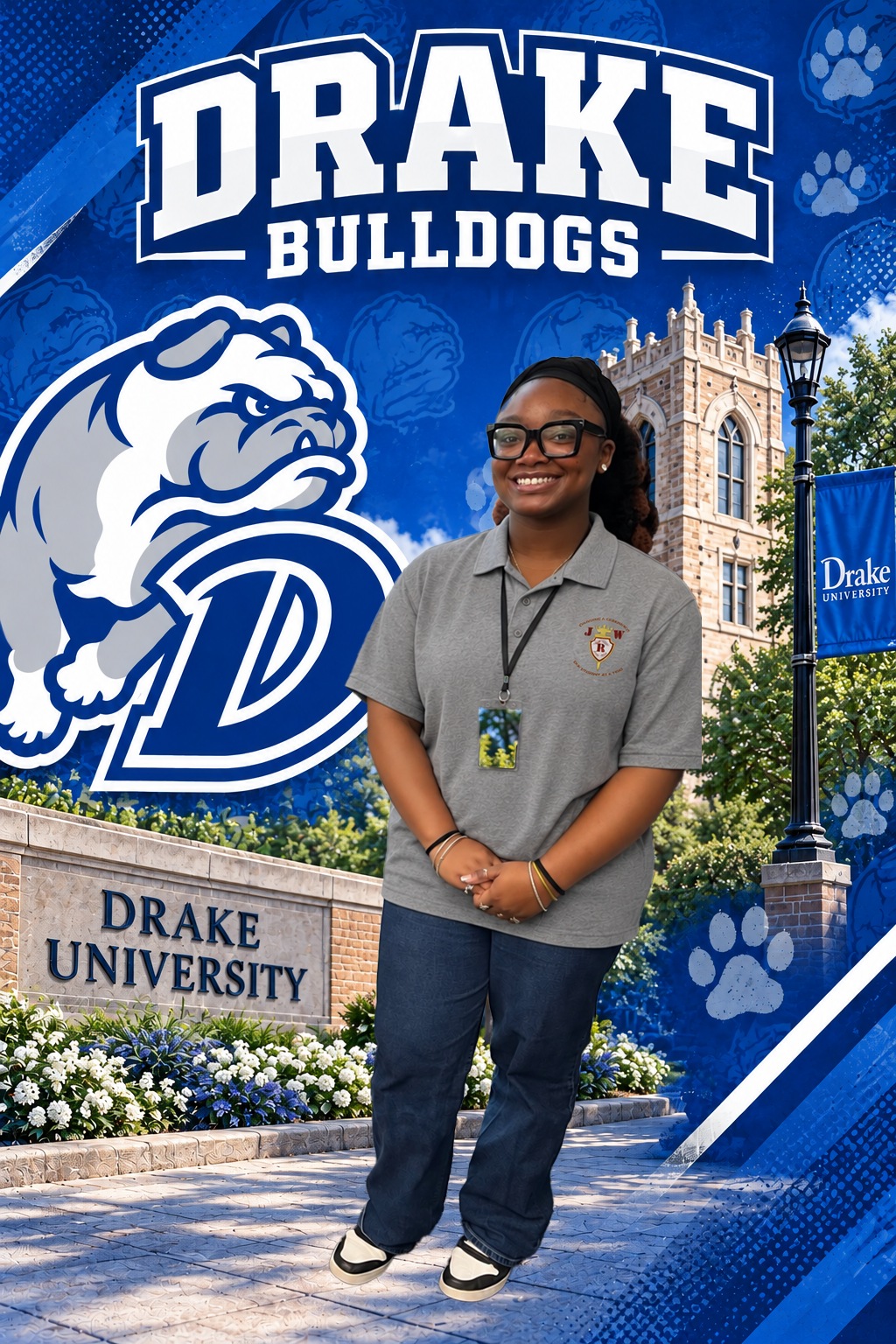 Melayna, JWRCA Class of 2027 senior, pictured in a Drake University campus design with the university logo and bulldog mascot