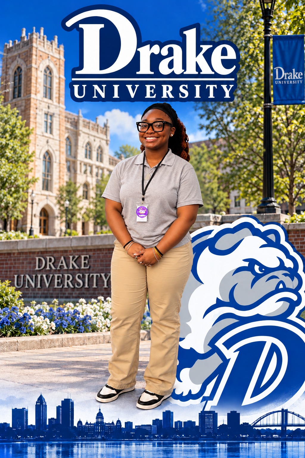 Melayna, JWRCA Class of 2027 senior, pictured in a Drake University campus design with the university logo and bulldog mascot