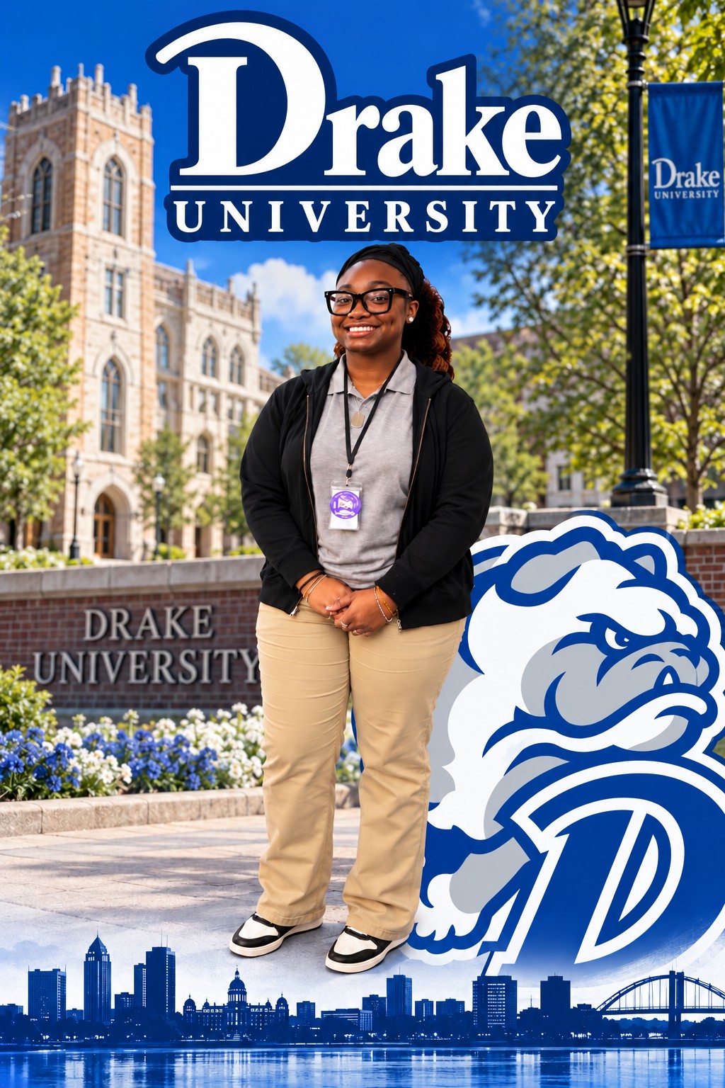 Melayna, JWRCA Class of 2027 senior, pictured beside the Drake University logo and bulldog mascot