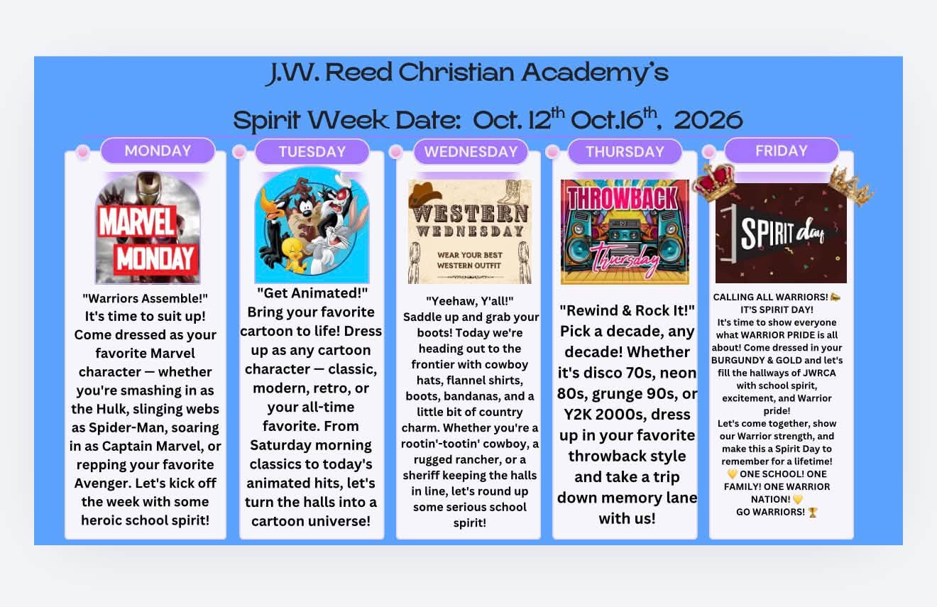 J.W. Reed Christian Academy Spirit Week schedule for October 12 through 16, 2026