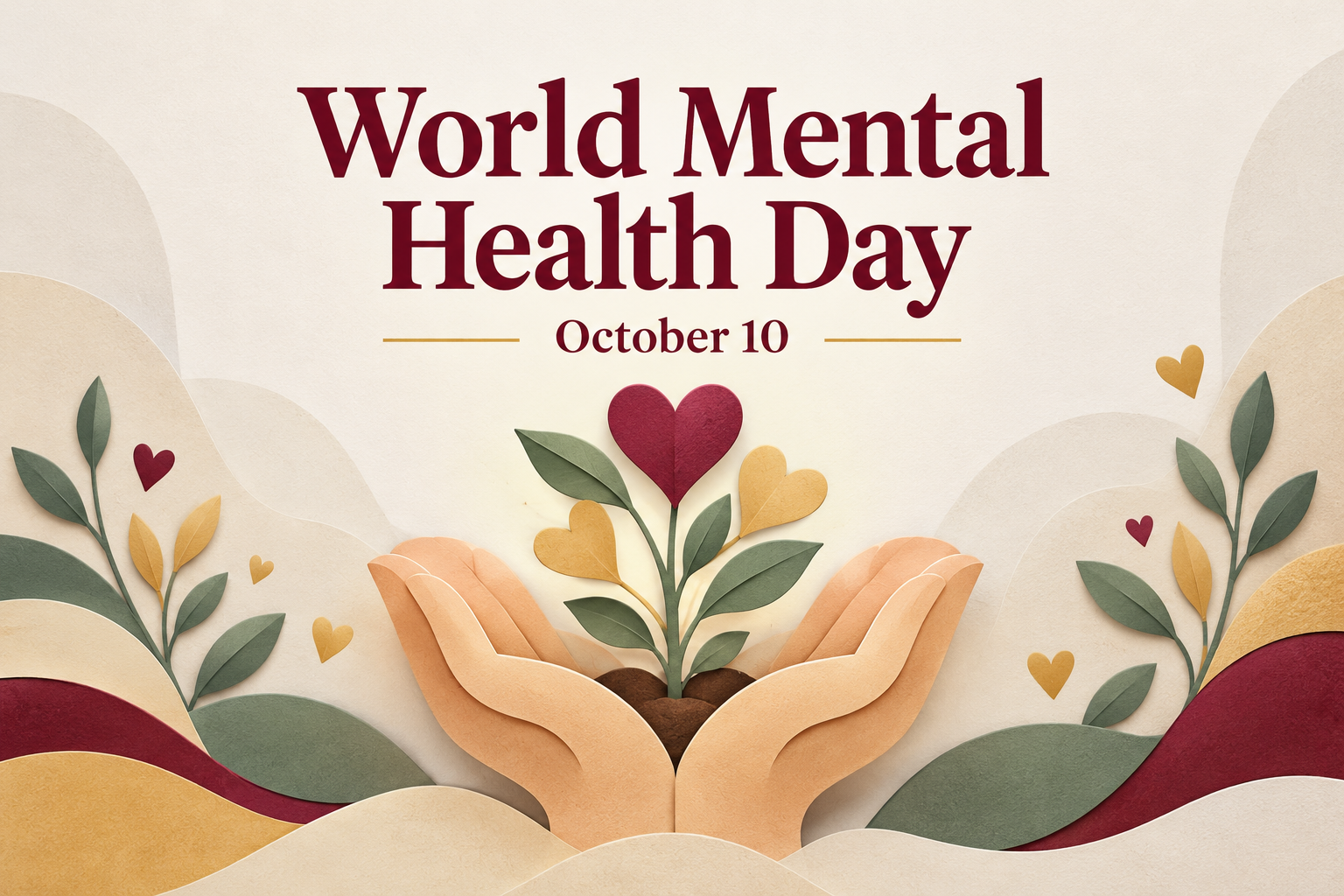 World Mental Health Day, October 10, with hearts growing above a pair of caring hands