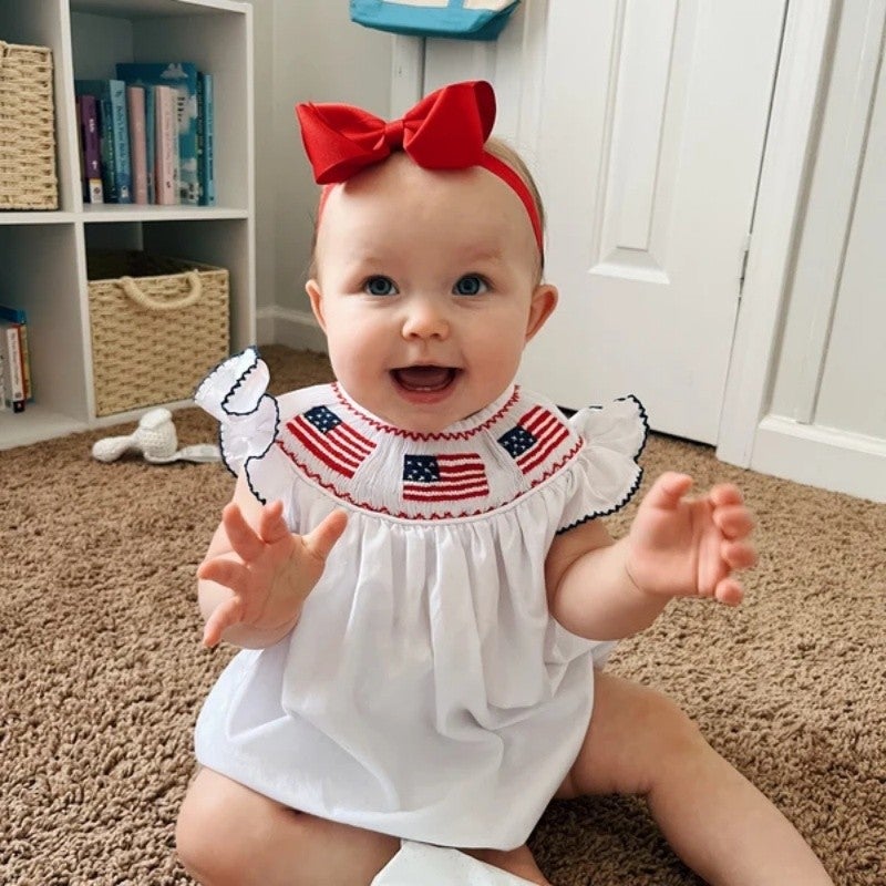 Baby Girl 4th Of July Smocked Bubble Romper detail