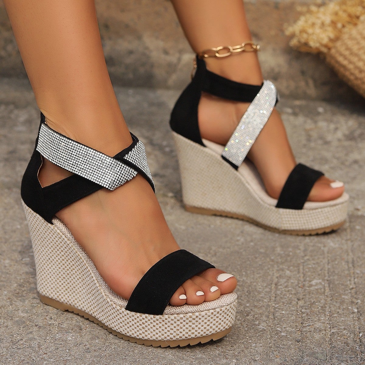 Fish Mouth High Wedges Sandals With Rhinestones detail