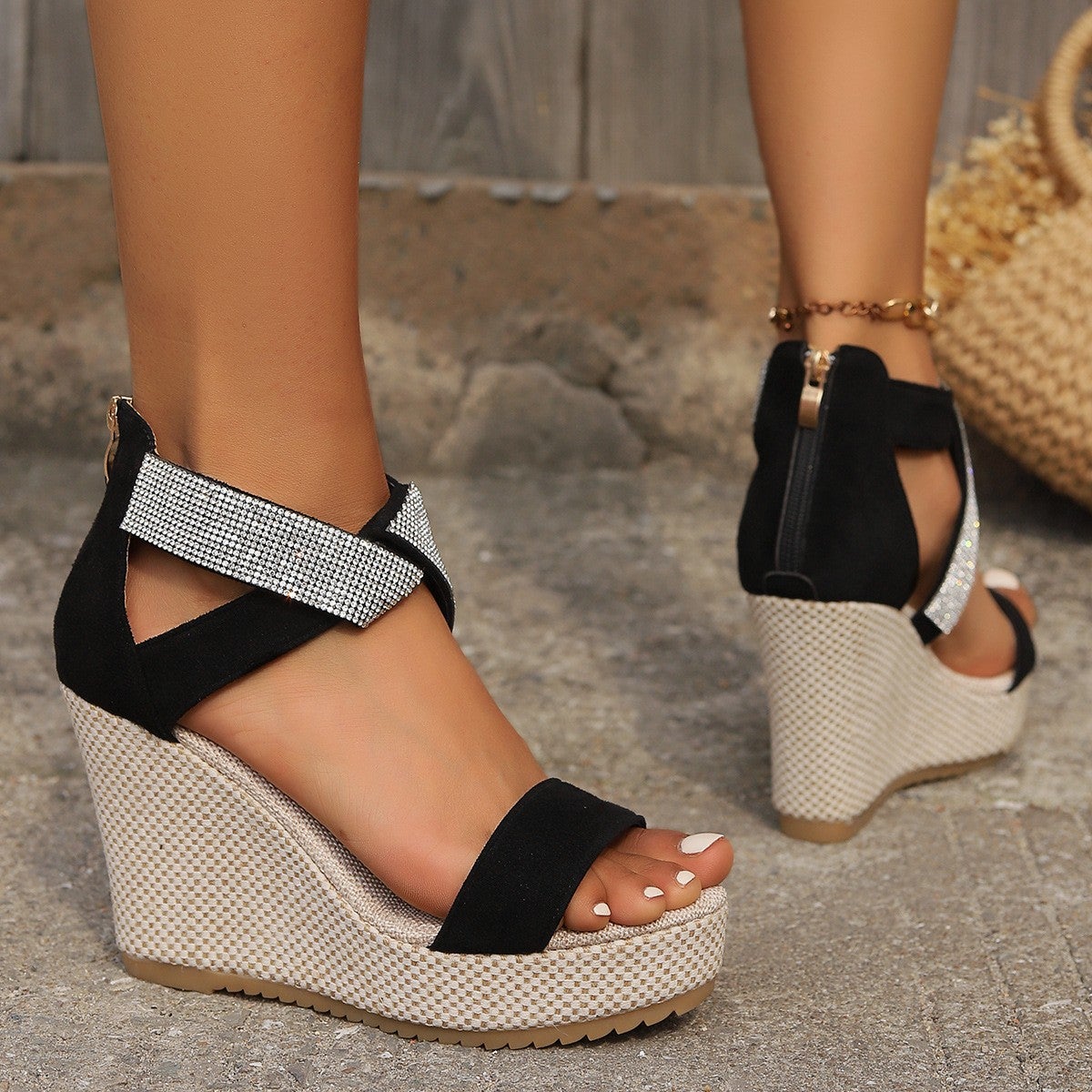 Fish Mouth High Wedges Sandals With Rhinestones detail