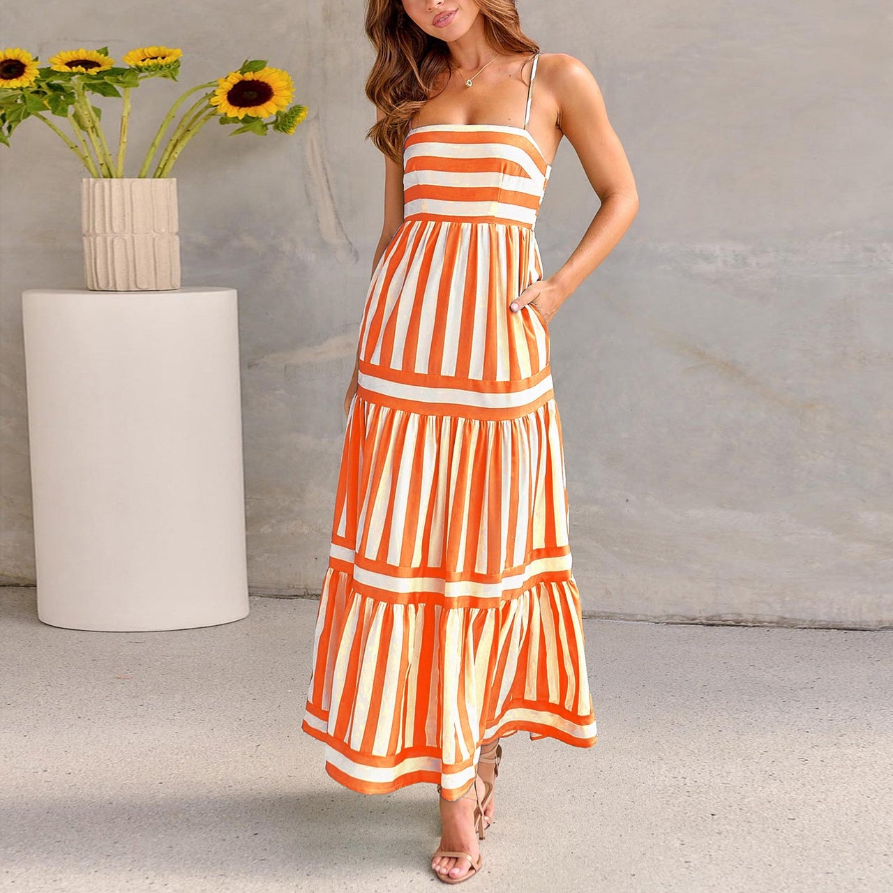 Summer Striped Long Dress with Pockets detail