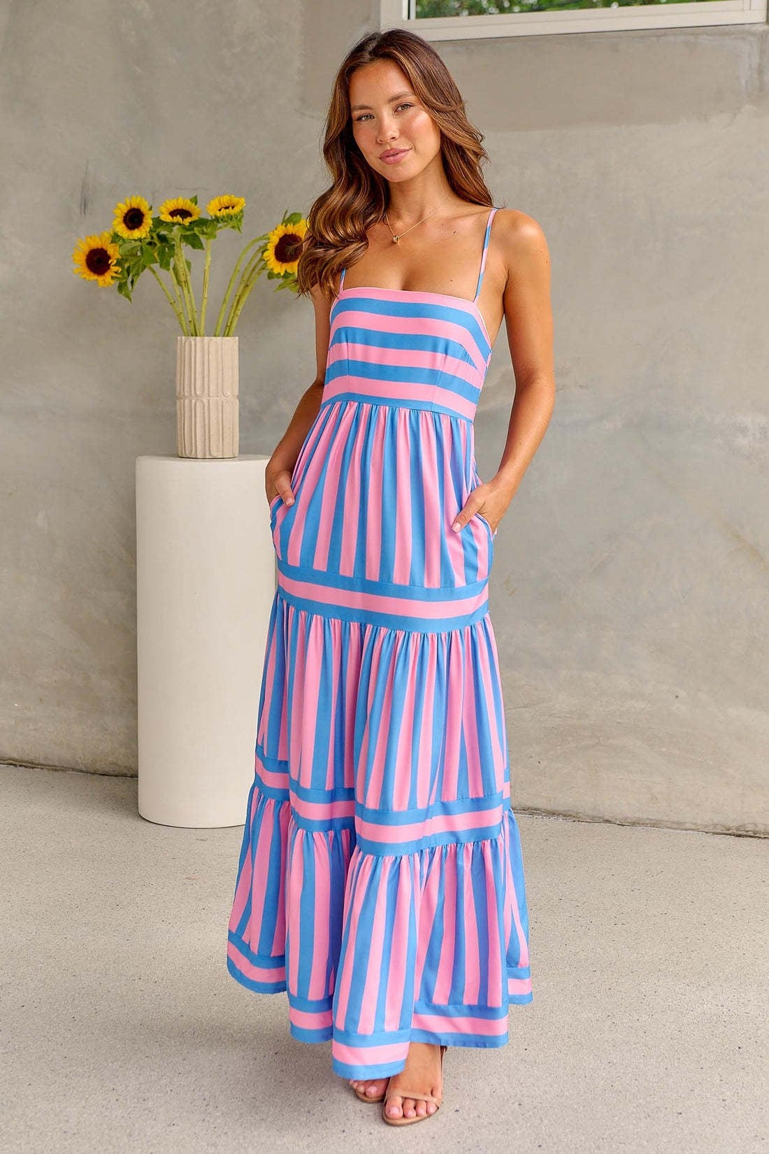 Summer Striped Long Dress with Pockets detail