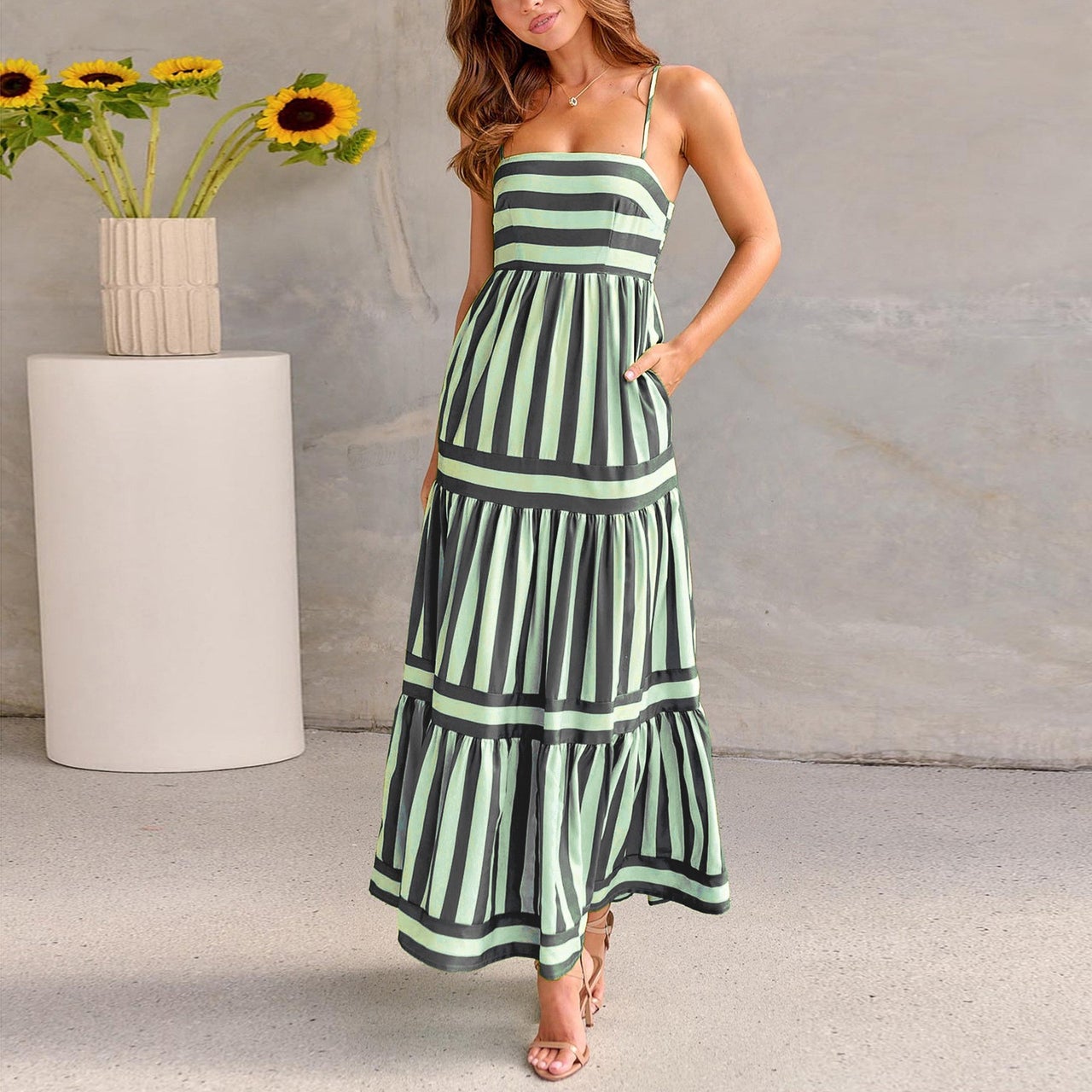 Summer Striped Long Dress with Pockets detail