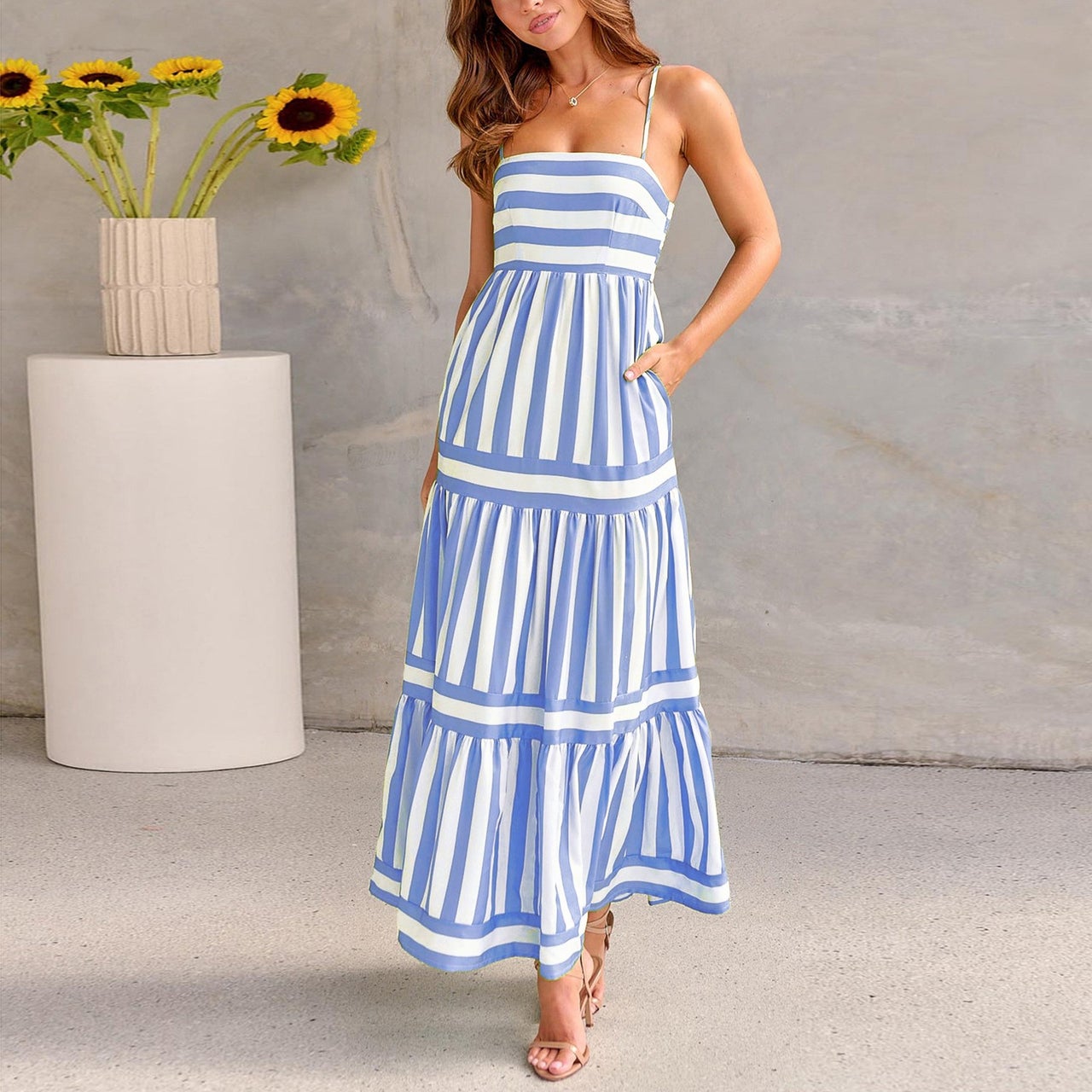 Summer Striped Long Dress with Pockets detail