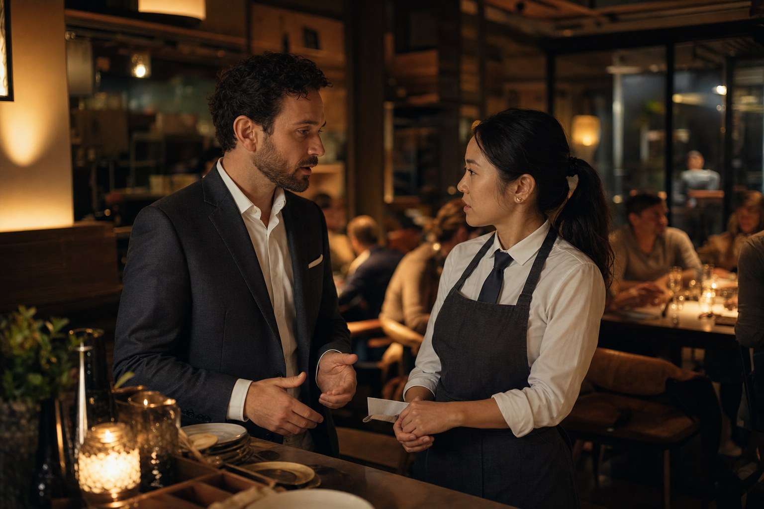 A restaurant manager and server discussing service during dinner