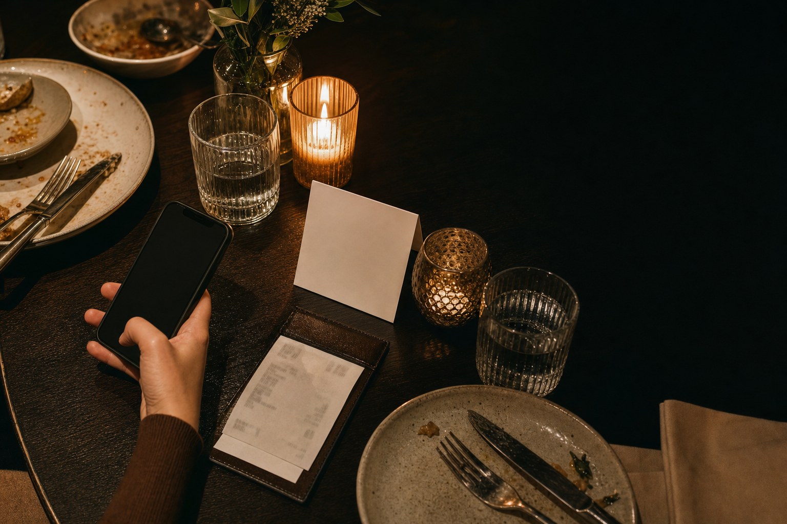A diner holding a phone beside a receipt and table tent