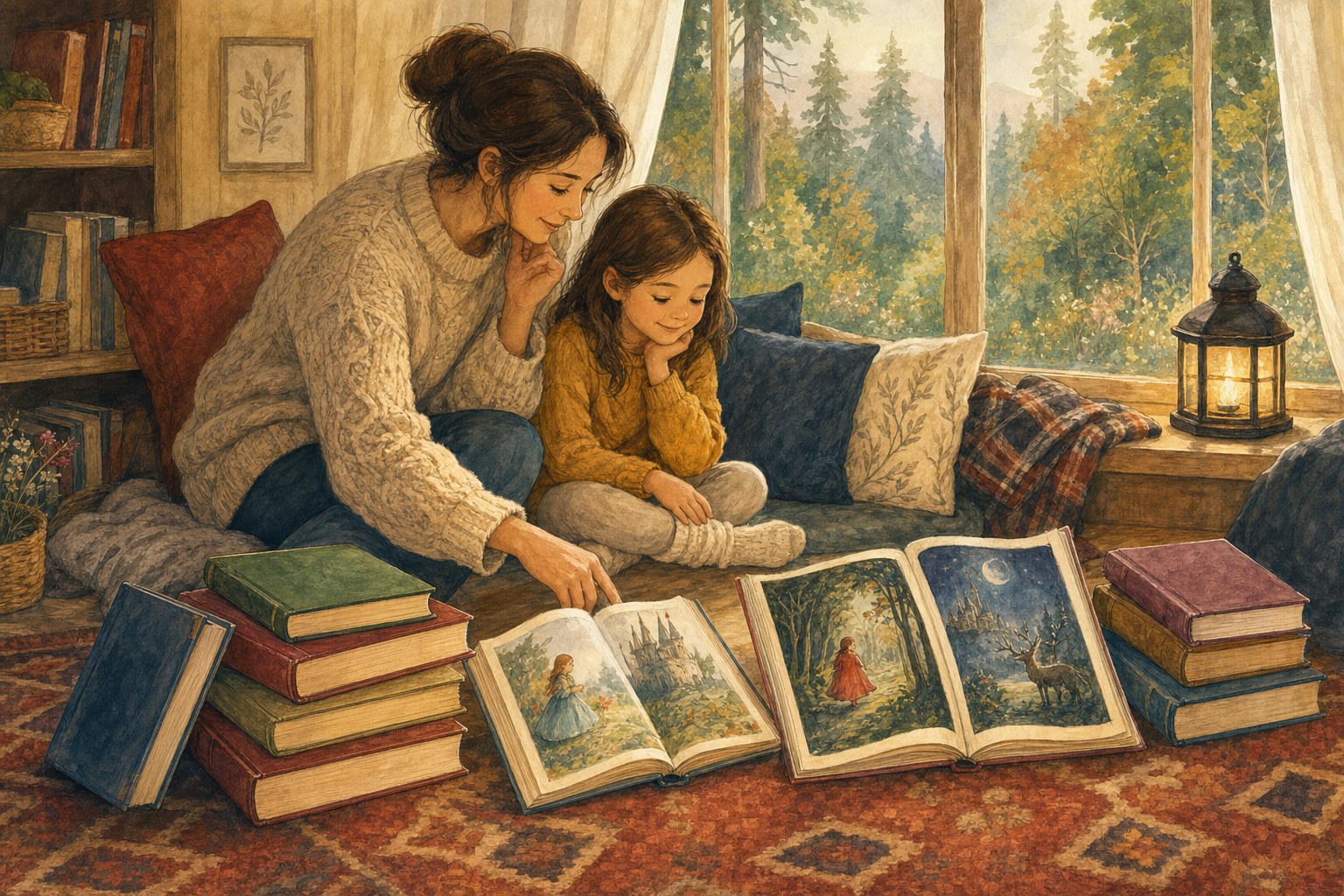 A parent and child choosing fairy tale books together by a window