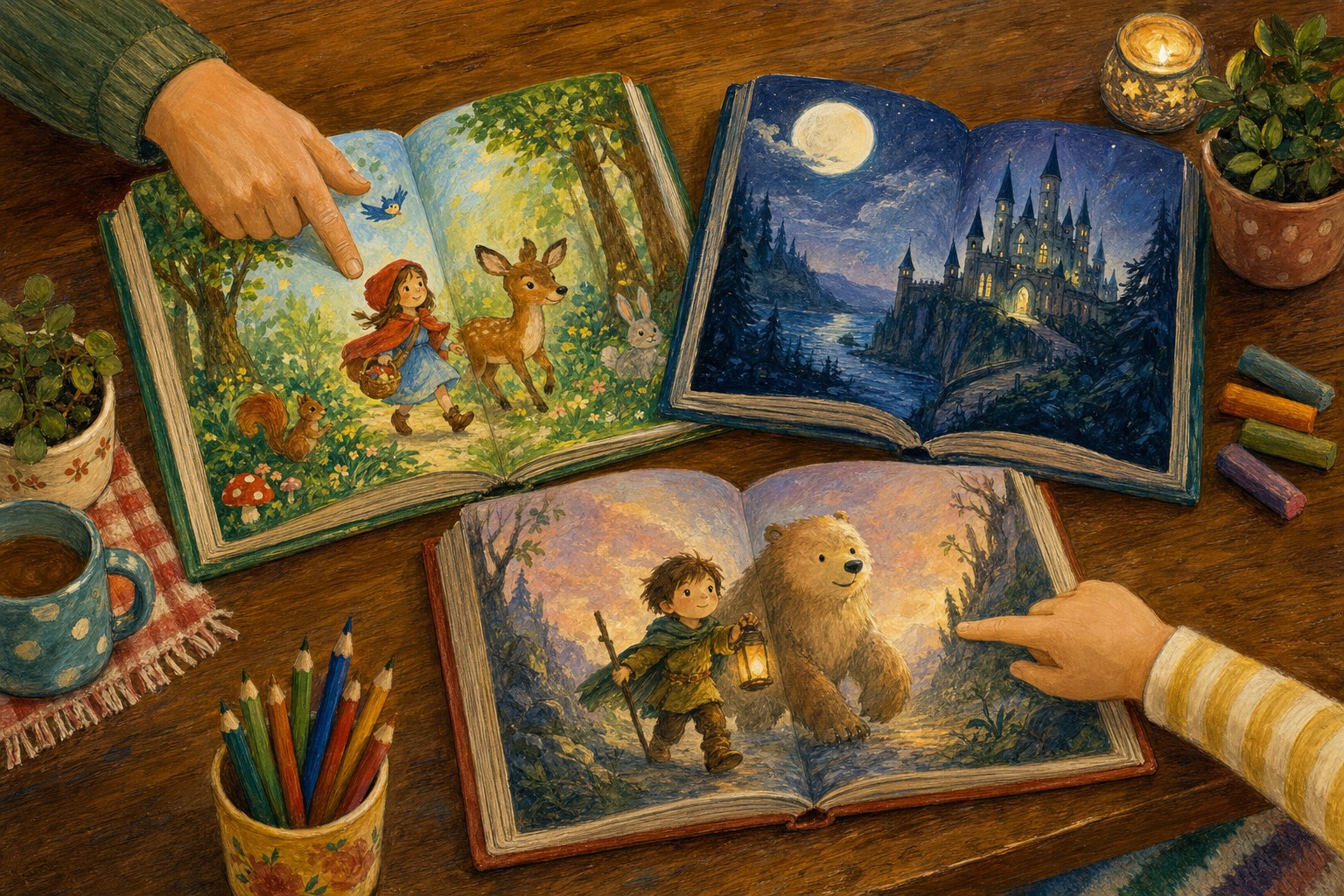Three open fairy tale books showing a woodland adventure, moonlit castle, and brave child with a bear