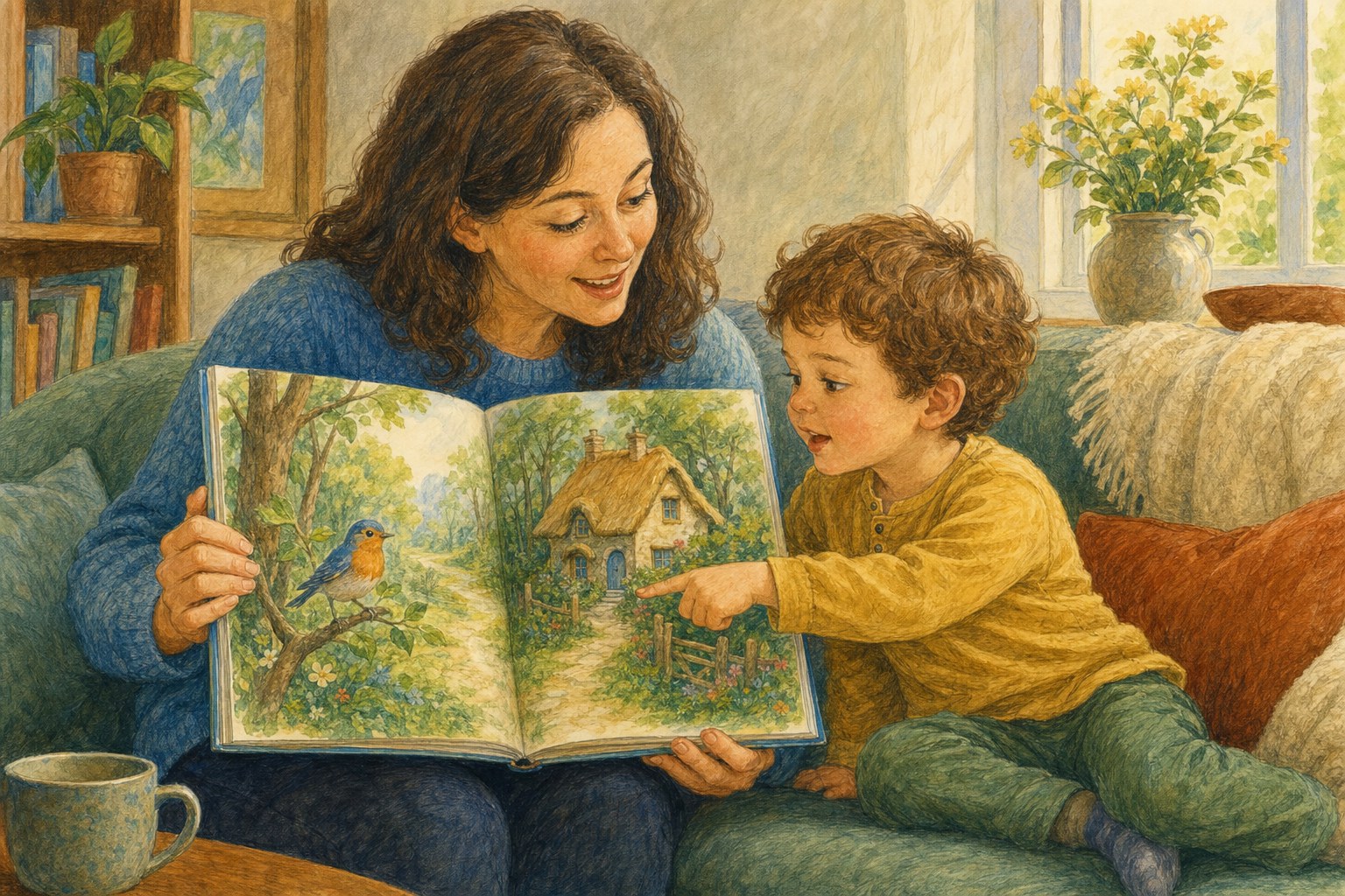 An adult reading a fairy tale picture book aloud with a child pointing to a cottage illustration