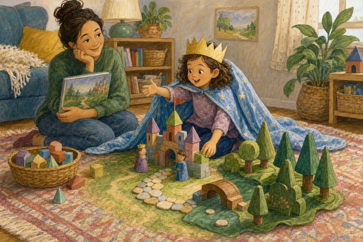 A child retelling a fairy tale with a paper crown, blanket castle, toy blocks, and a parent nearby