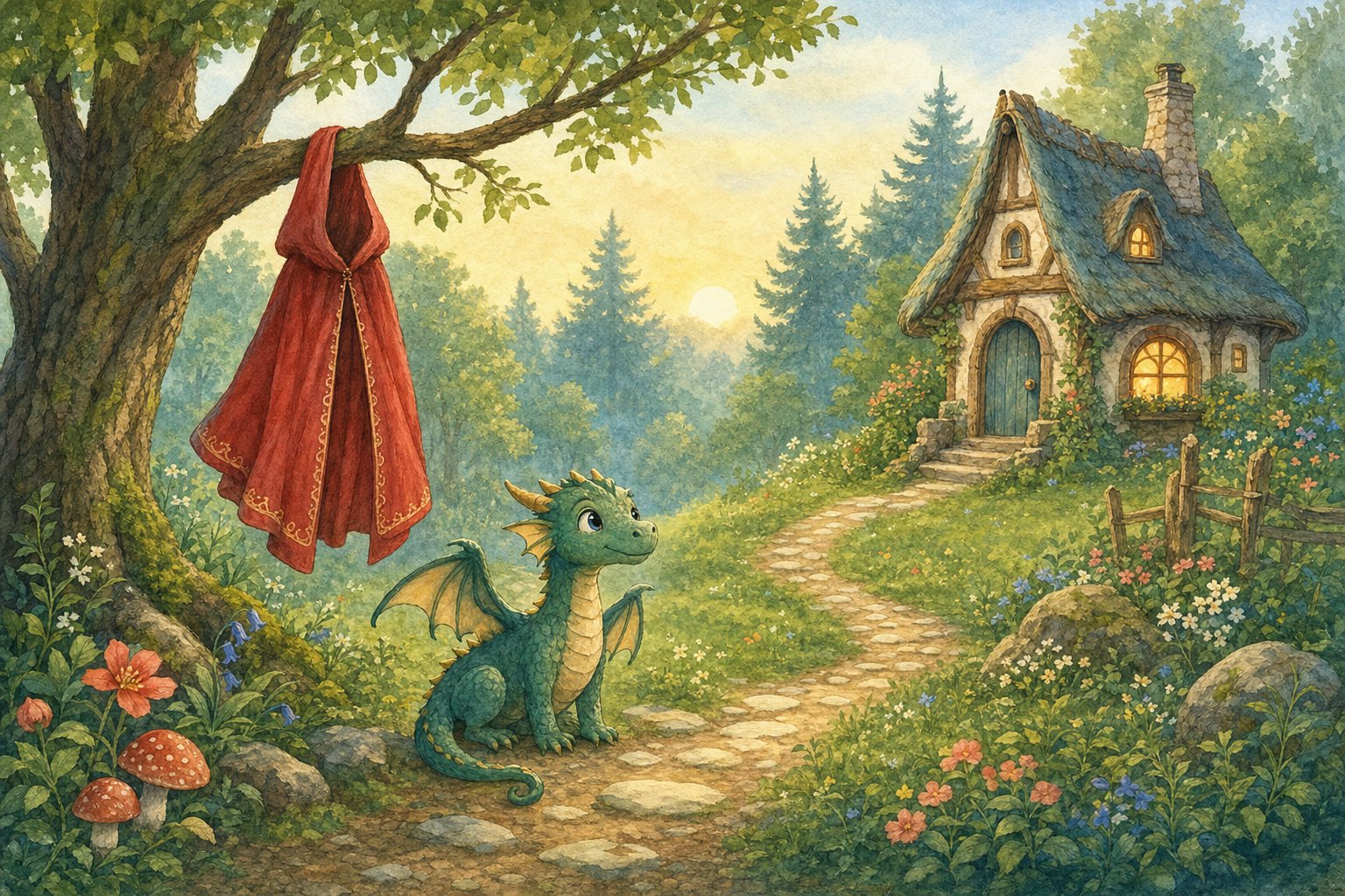 A friendly dragon, red cloak, forest path, and cottage in a gentle fairy-tale scene