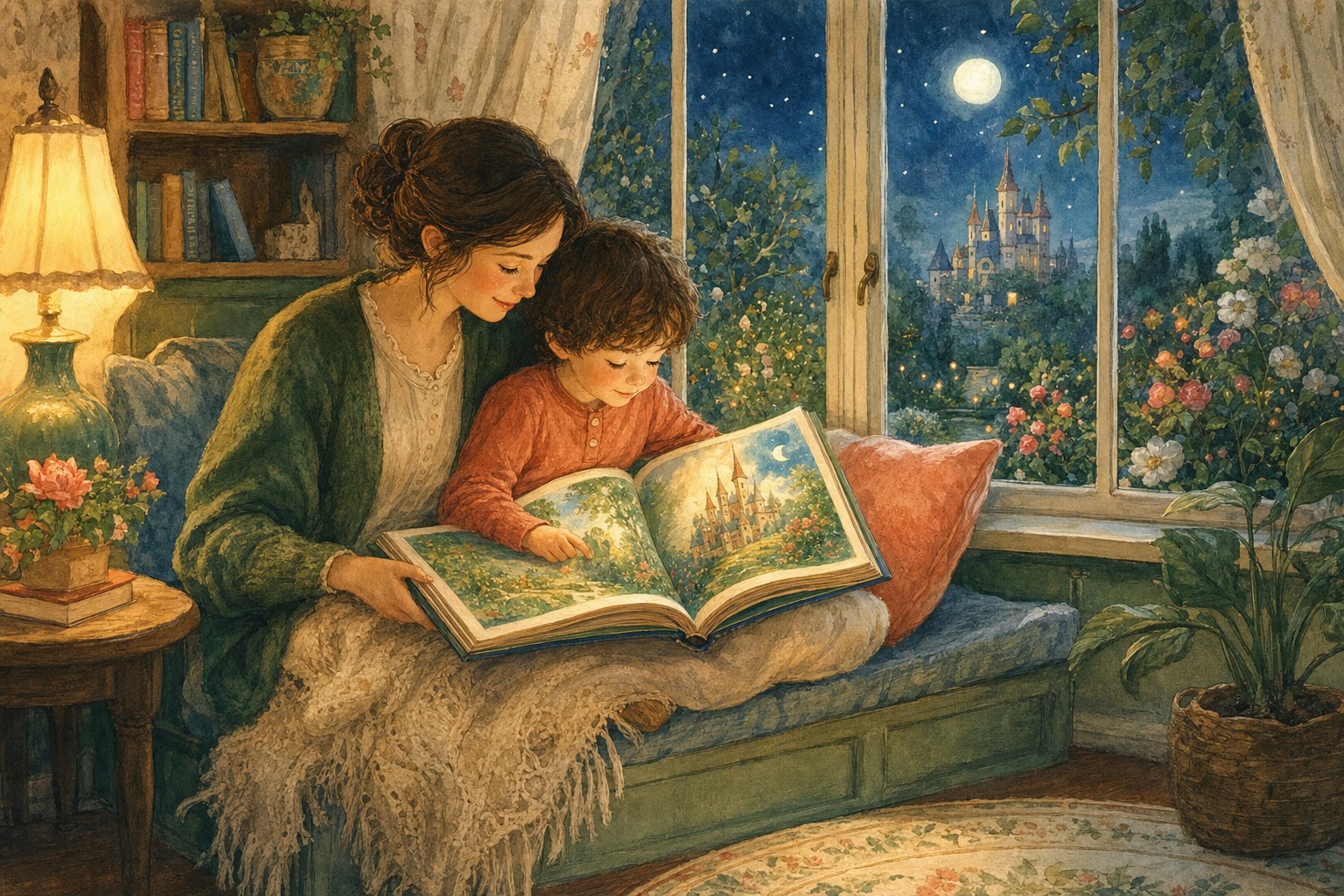 A parent and child reading a fairy tale by a moonlit window