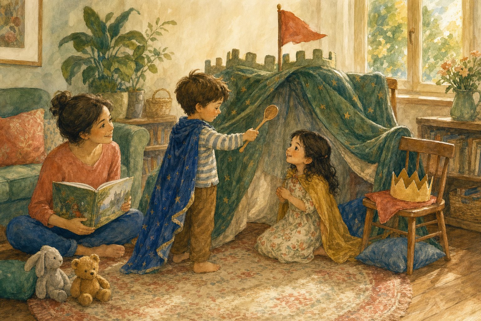 Children using a blanket castle and simple props to retell a fairy tale while an adult reads nearby