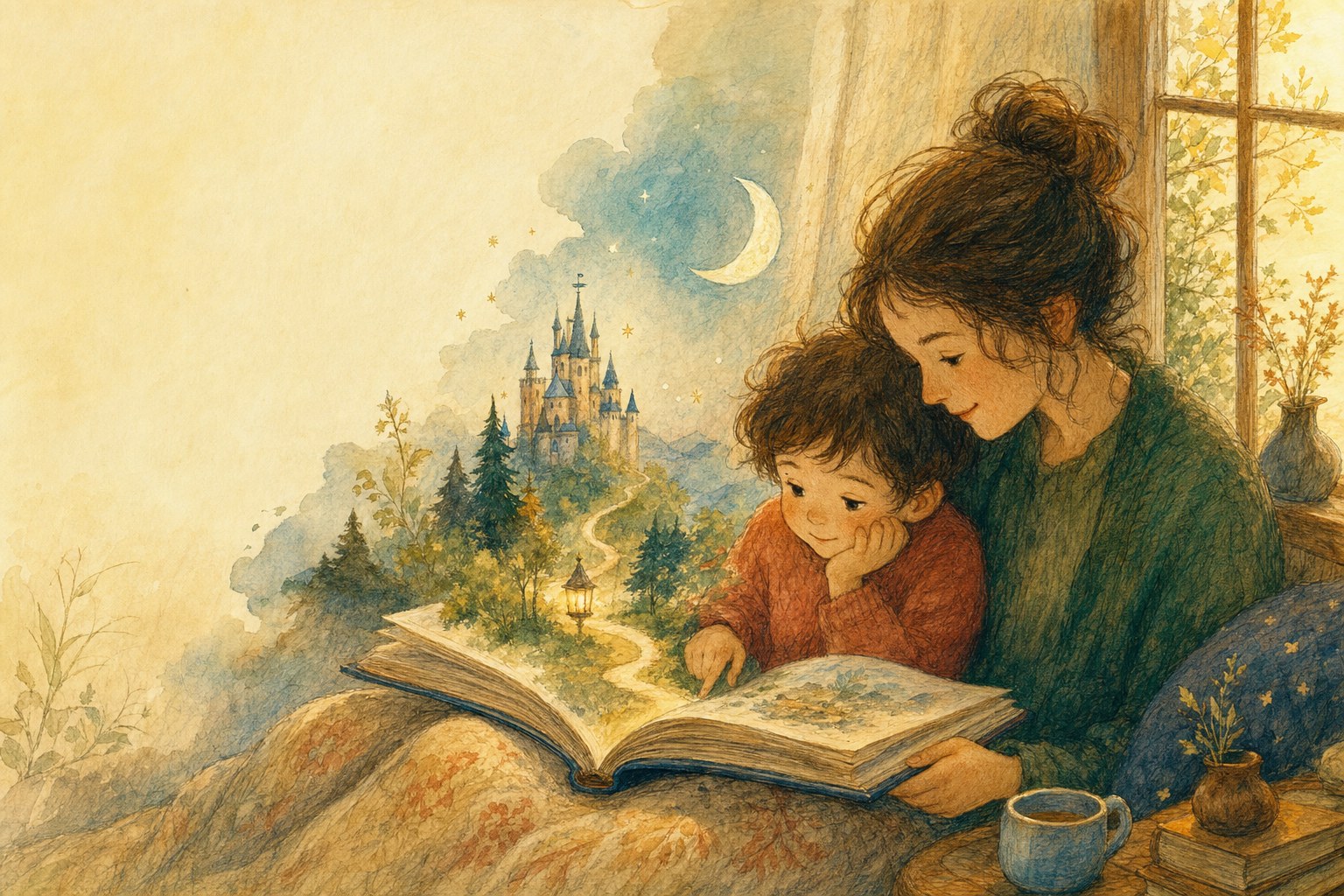 A parent and child reading a fairy tale by a sunny window
