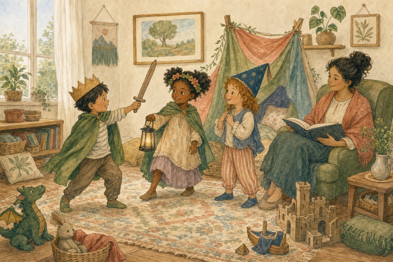 Children acting out a gentle fairy tale while an adult reads nearby