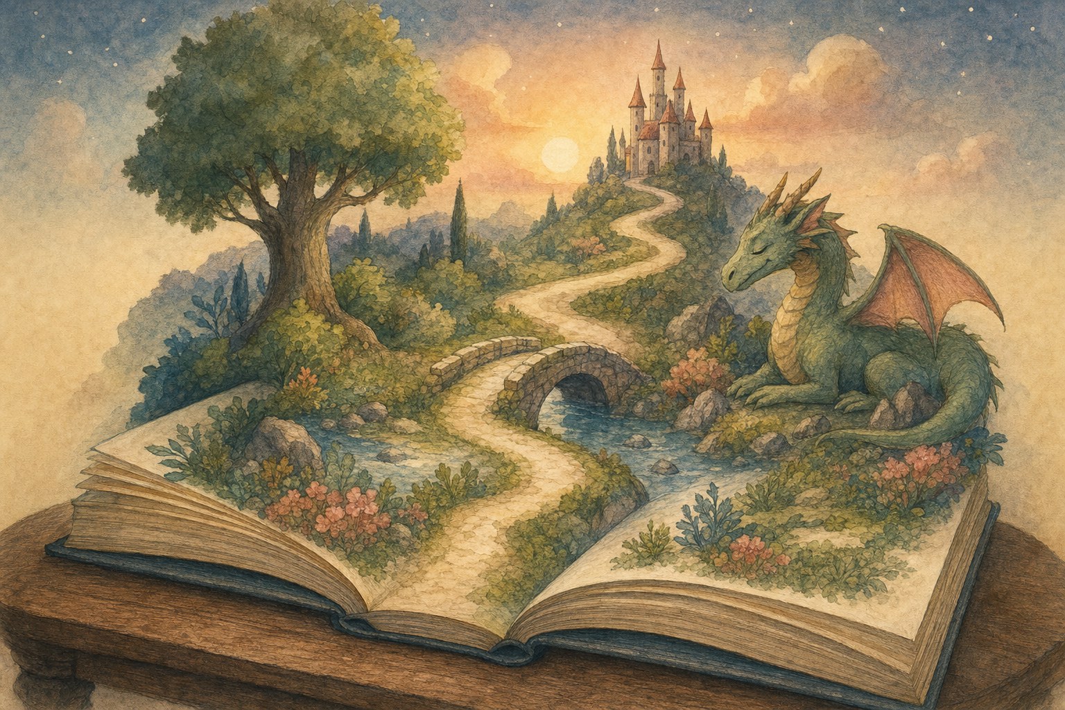 An open storybook with a friendly dragon beside a winding path to a castle