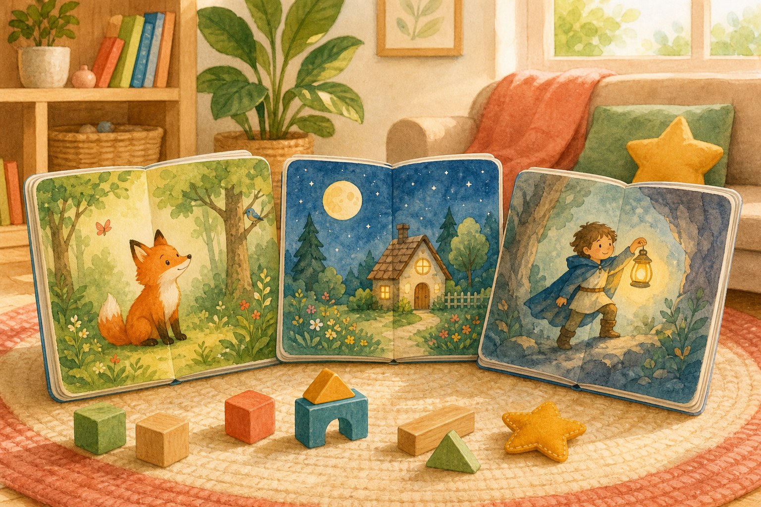 Three open preschool-friendly fairy tale picture books with a fox, cottage, and brave child on a rug