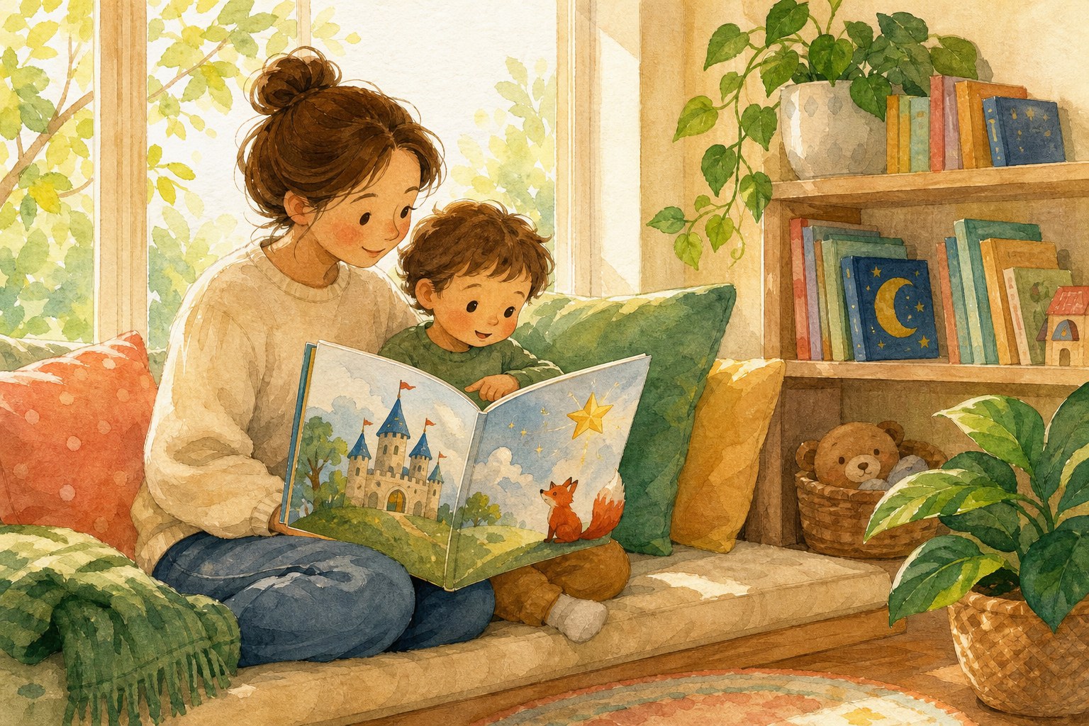 A parent and preschool child reading a fairy tale together in a sunny reading nook