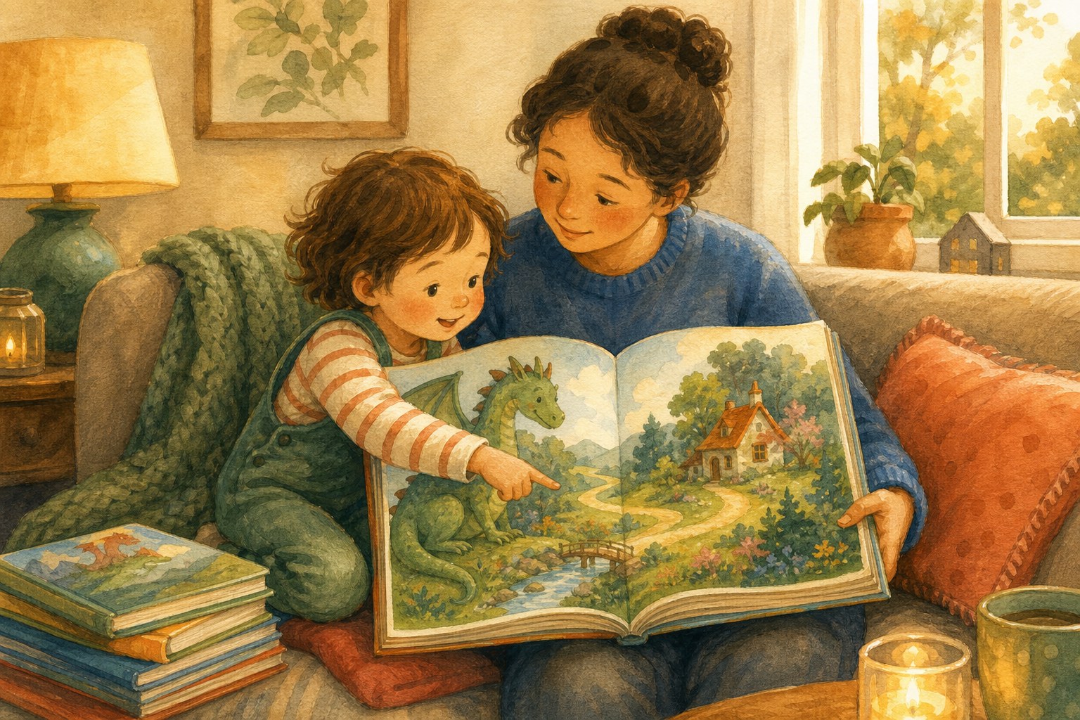 A preschool child pointing to a friendly dragon and cottage in a fairy tale picture book while an adult reads